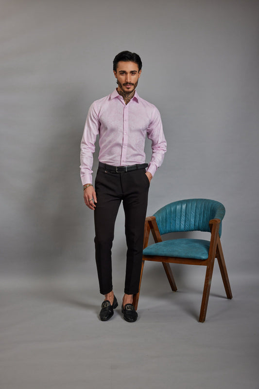OTFIT Men’s Premium Pink Jacquard Cotton Shirt – Full Sleeve | Woven Paisley Design | No Pocket