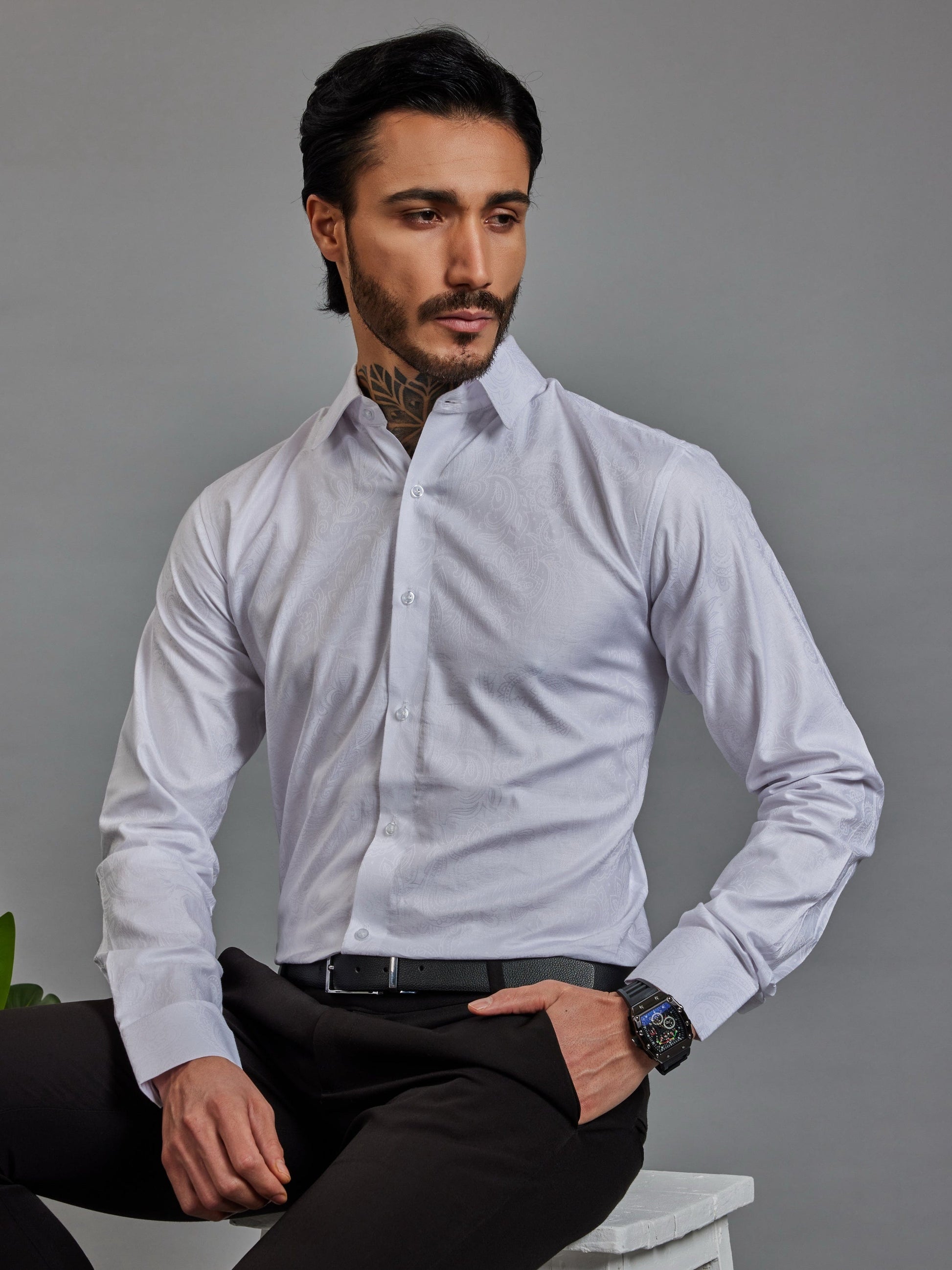 OTFIT Men’s Premium White Cotton Jacquard Shirt – Full Sleeves | Subtle Woven Design | No Pocket