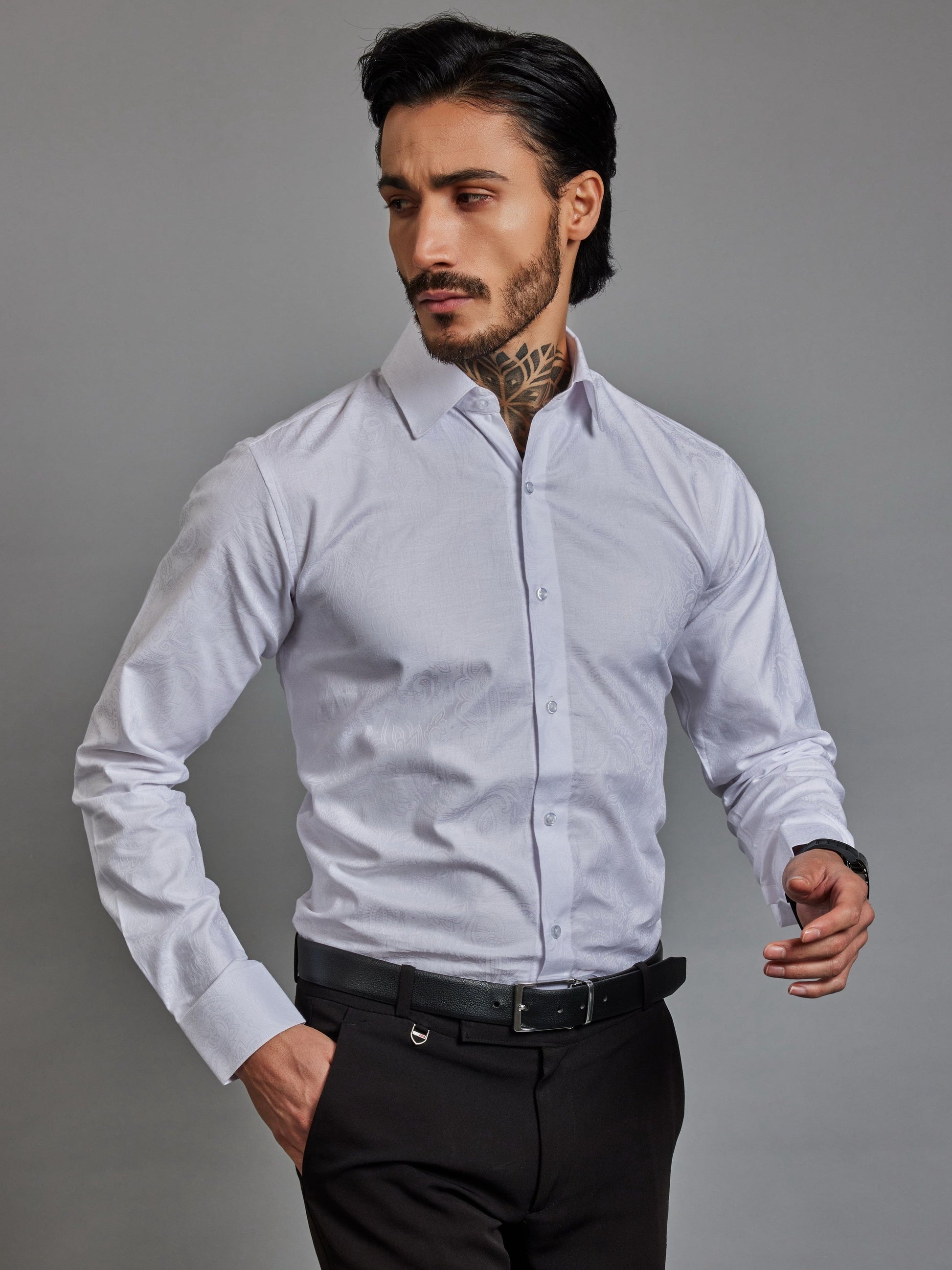 OTFIT Men’s Premium White Cotton Jacquard Shirt – Full Sleeves | Subtle Woven Design | No Pocket