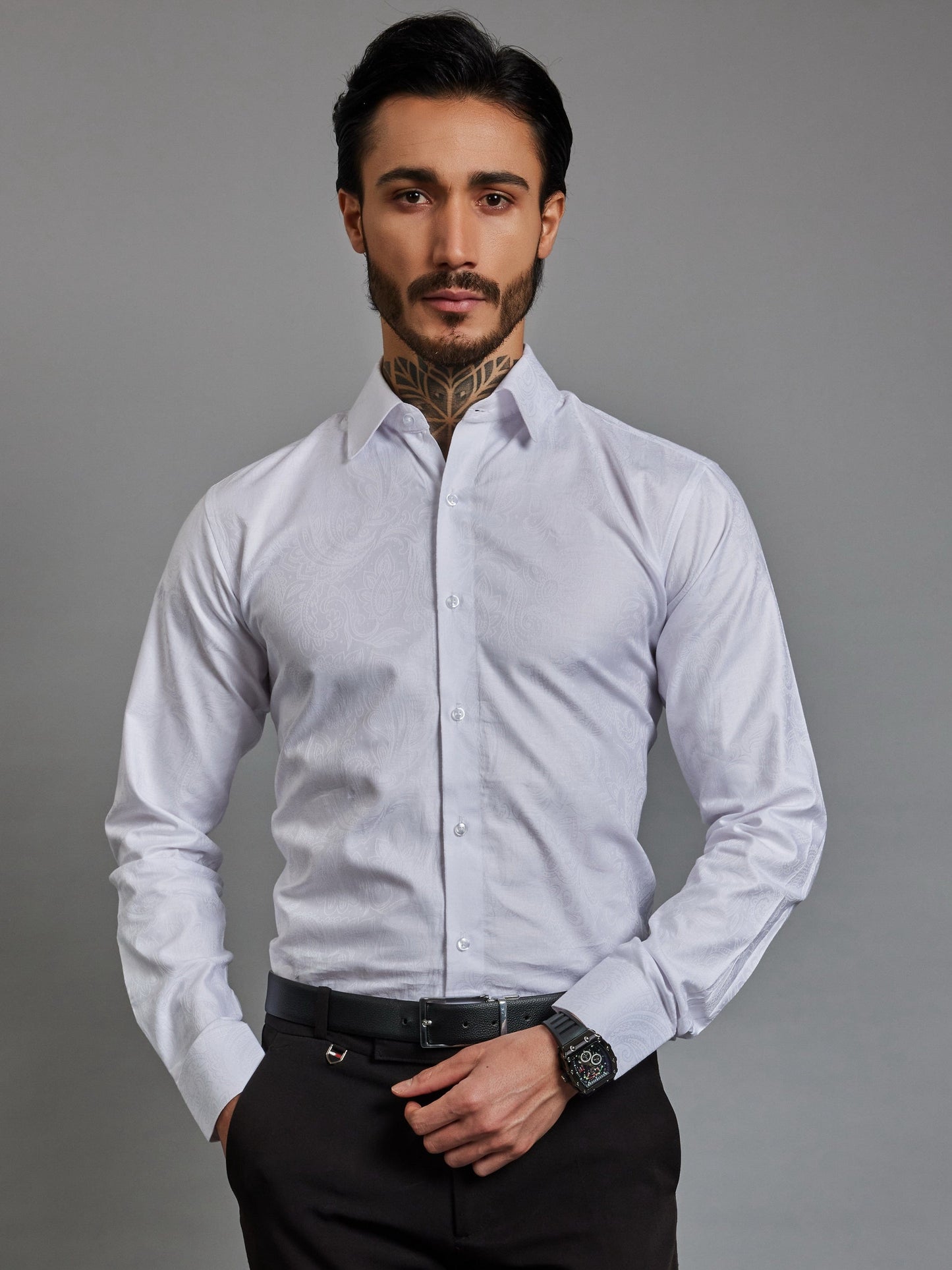 OTFIT Men’s Premium White Cotton Jacquard Shirt – Full Sleeves | Subtle Woven Design | No Pocket