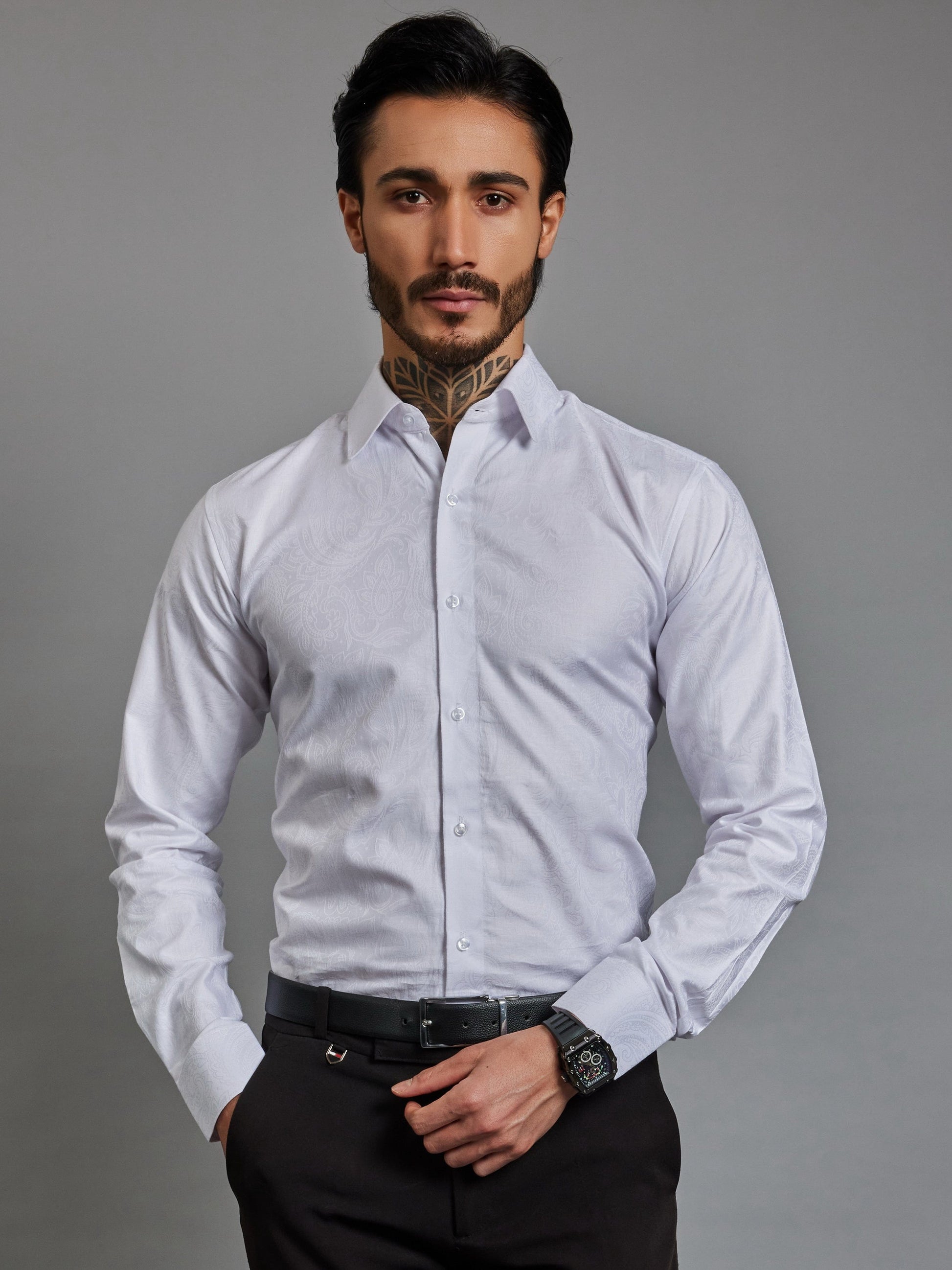 OTFIT Men’s Premium White Cotton Jacquard Shirt – Full Sleeves | Subtle Woven Design | No Pocket