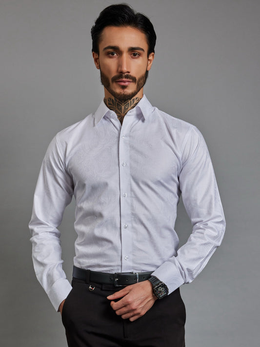 OTFIT Men’s Premium White Cotton Jacquard Shirt – Full Sleeves | Subtle Woven Design | No Pocket
