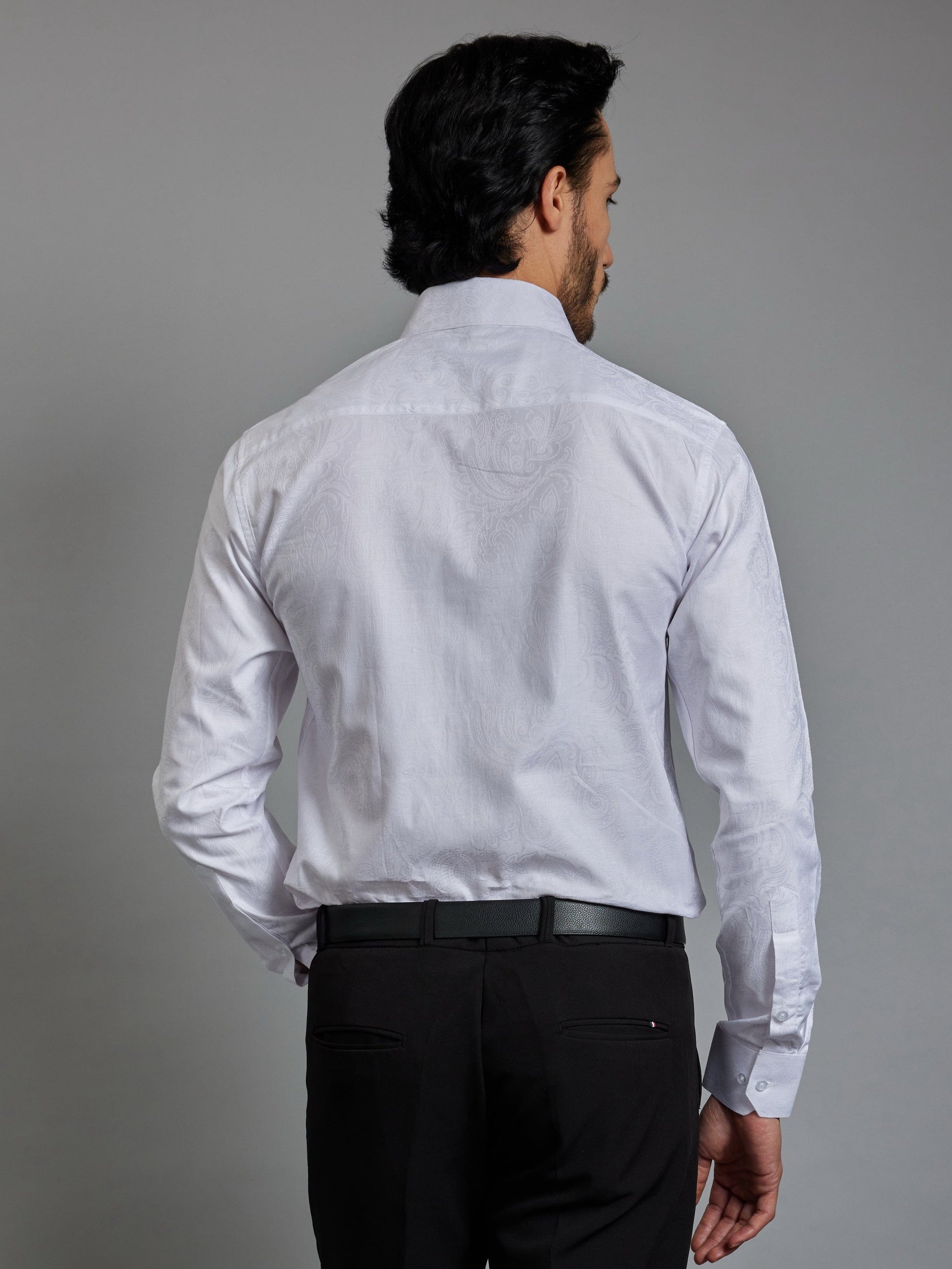 OTFIT Men’s Premium White Cotton Jacquard Shirt – Full Sleeves | Subtle Woven Design | No Pocket