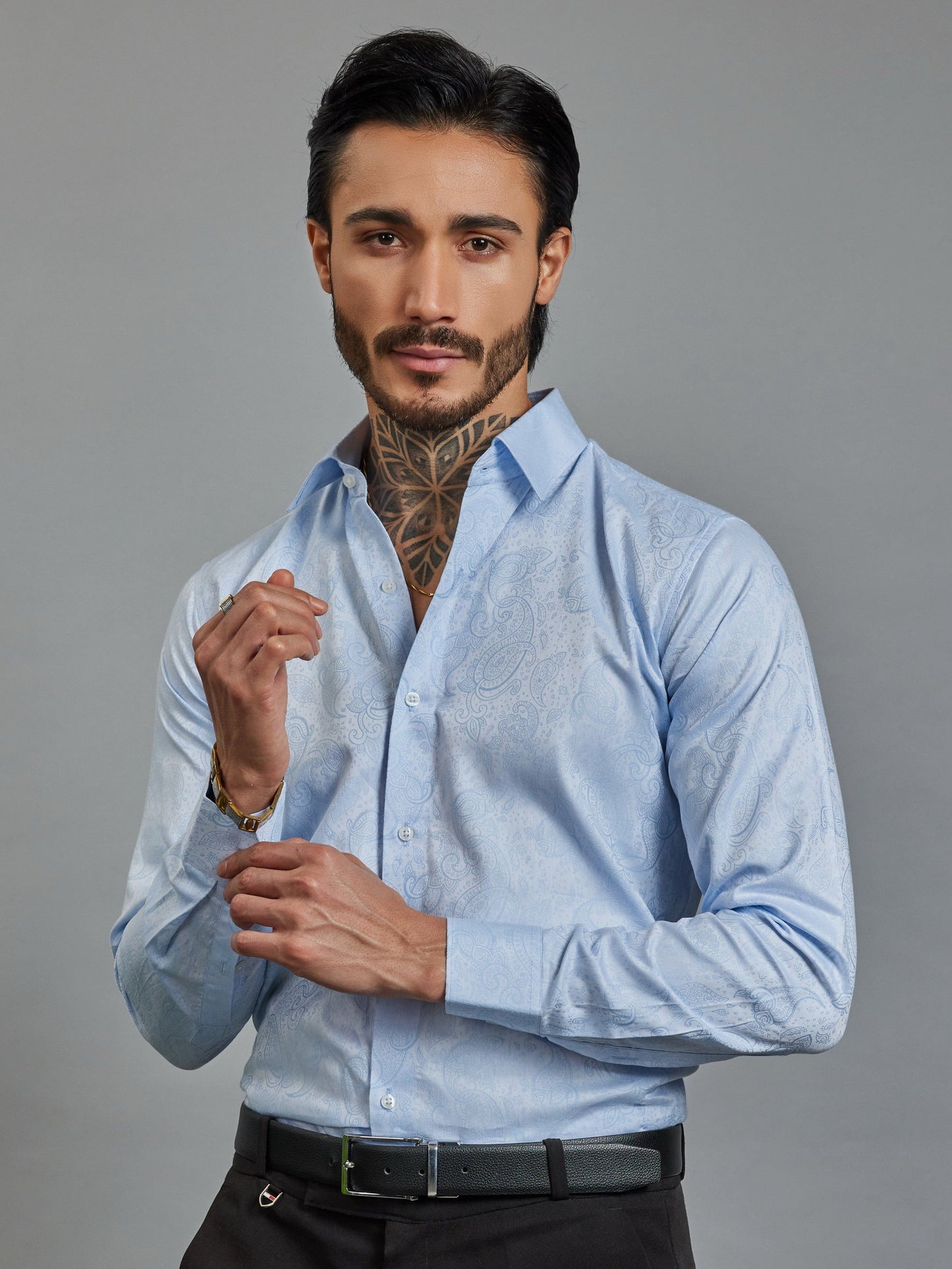 OTFIT Men’s Sky Blue Jacquard Cotton Shirt – Barik Design Full Sleeve | Premium Casual Look