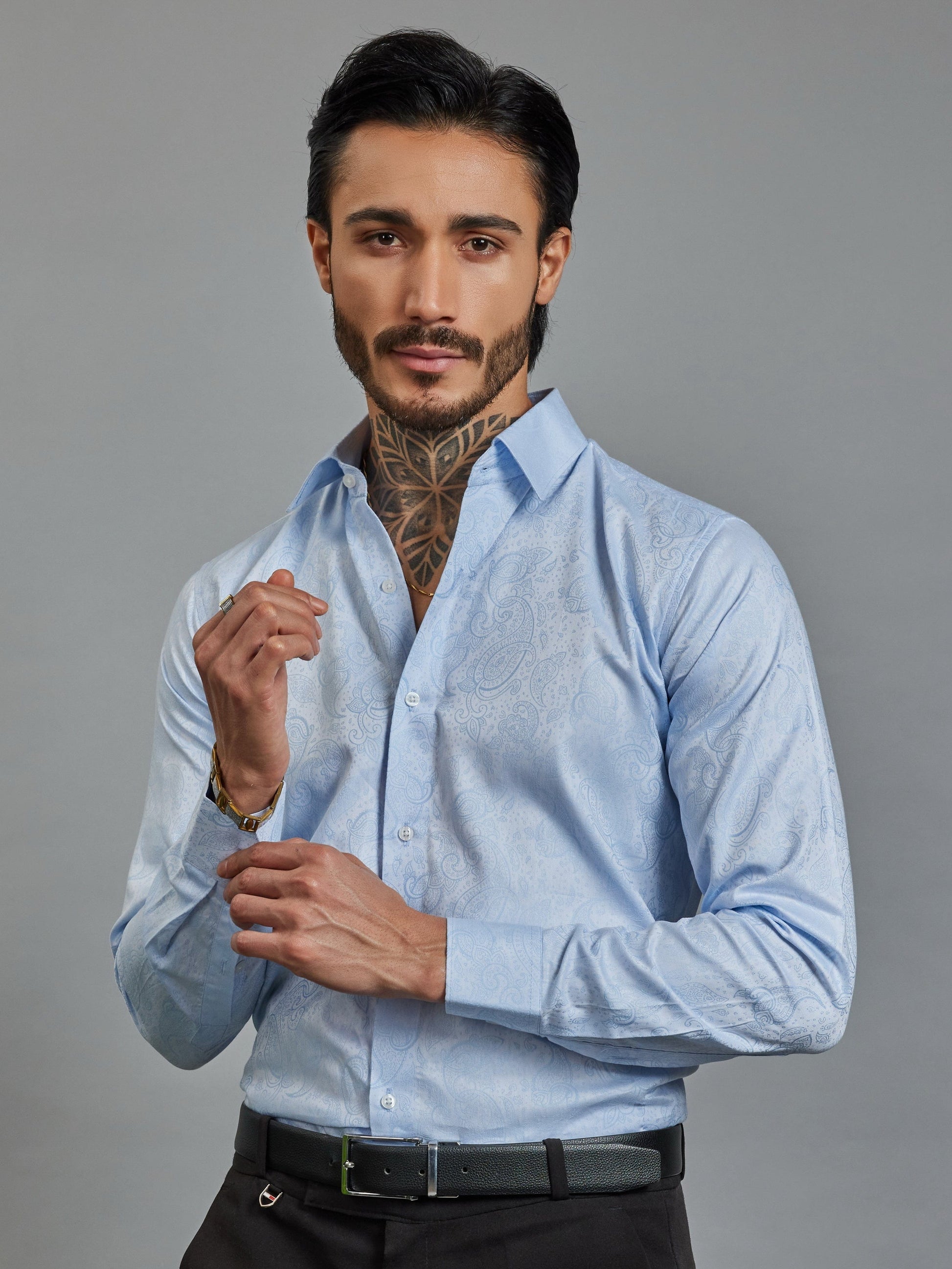 OTFIT Men’s Sky Blue Jacquard Cotton Shirt – Barik Design Full Sleeve | Premium Casual Look