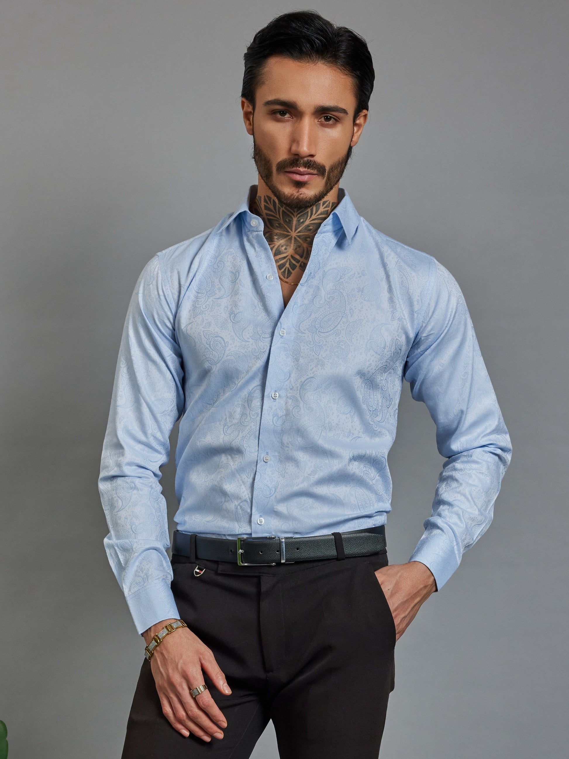 OTFIT Men’s Sky Blue Jacquard Cotton Shirt – Barik Design Full Sleeve | Premium Casual Look