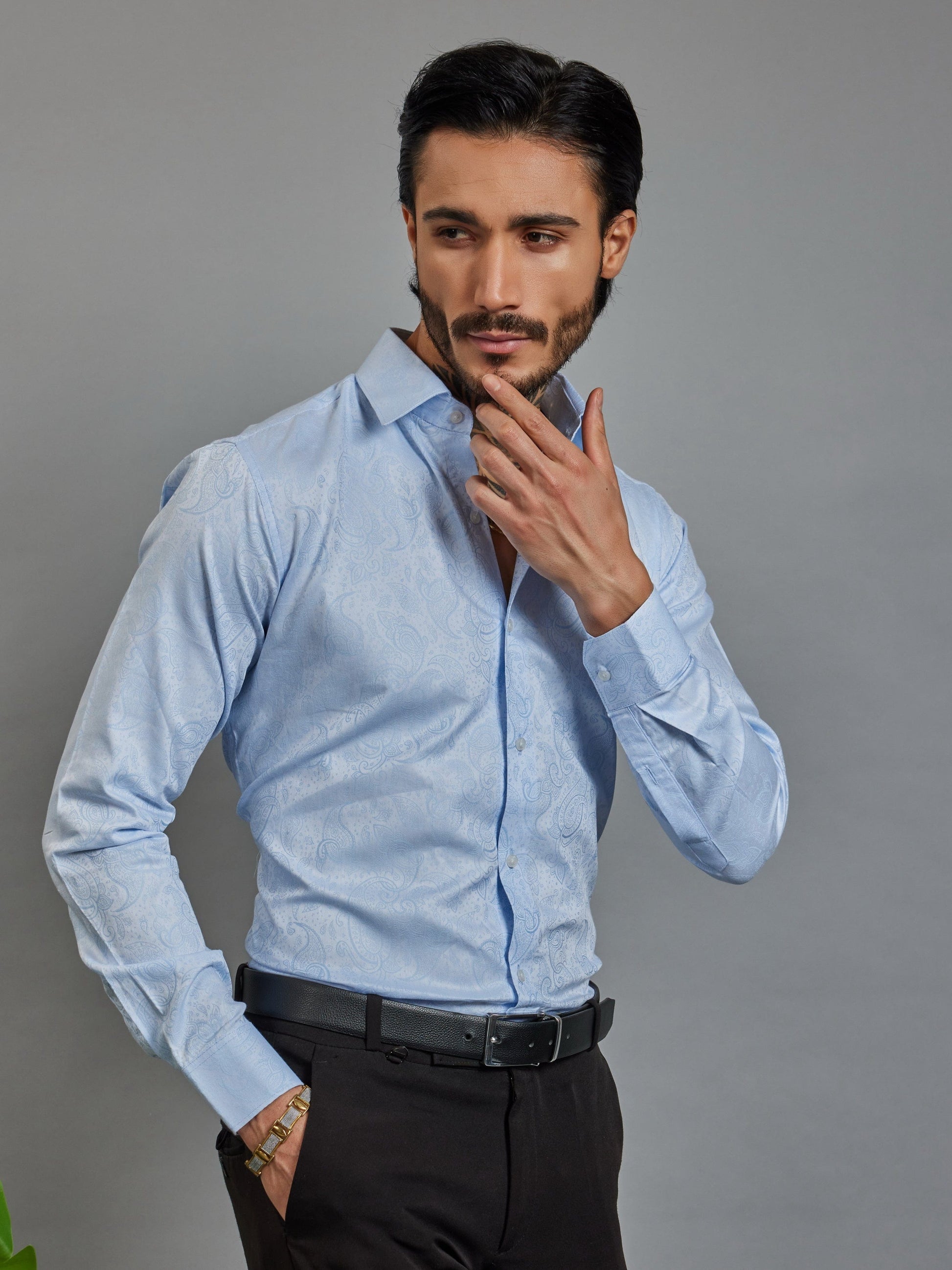 OTFIT Men’s Sky Blue Jacquard Cotton Shirt – Barik Design Full Sleeve | Premium Casual Look