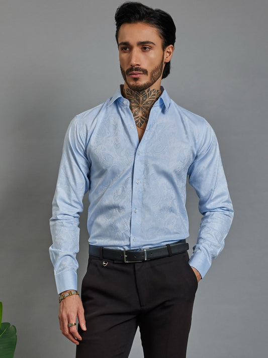 OTFIT Men’s Sky Blue Jacquard Cotton Shirt – Barik Design Full Sleeve | Premium Casual Look