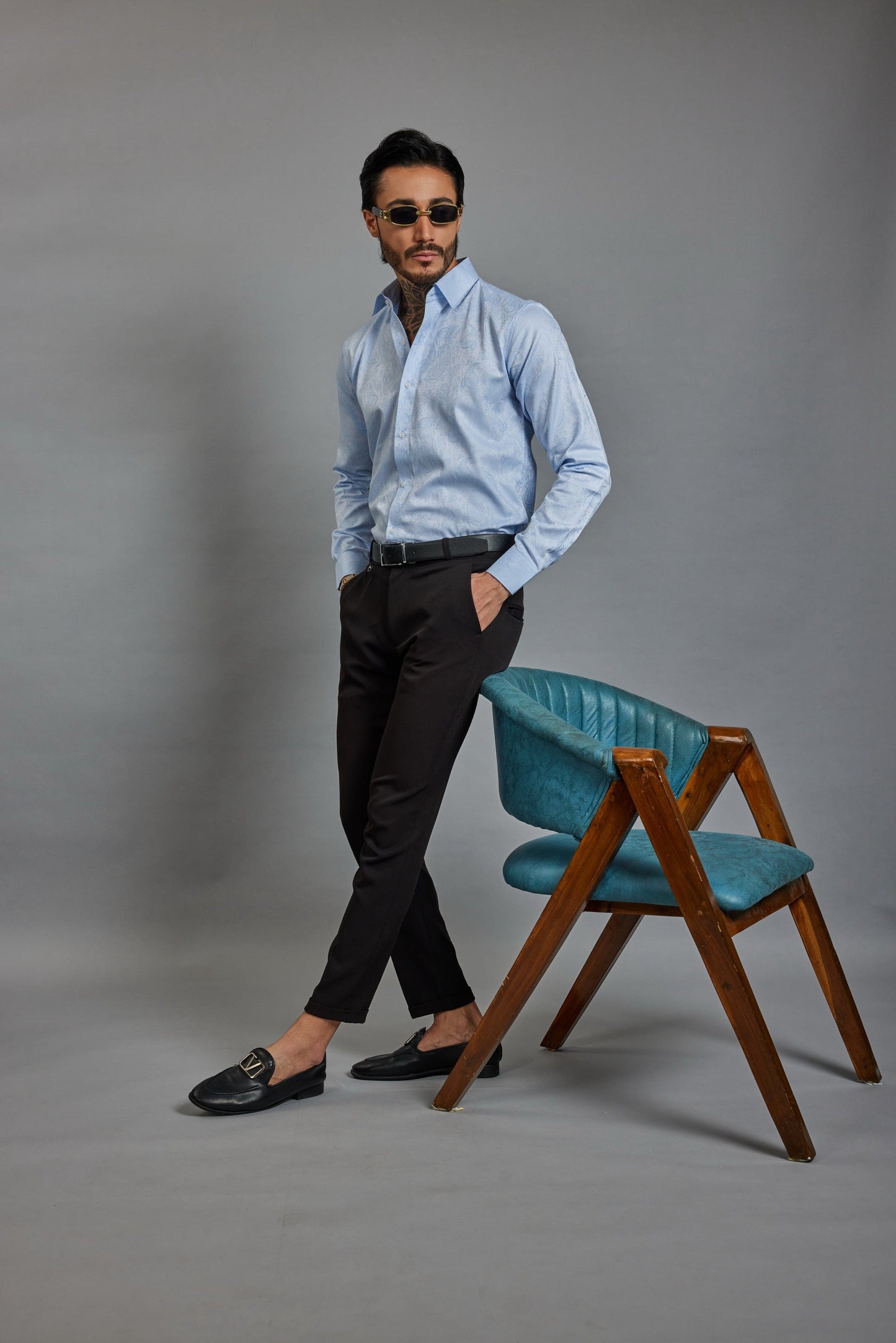 OTFIT Men’s Sky Blue Jacquard Cotton Shirt – Barik Design Full Sleeve | Premium Casual Look