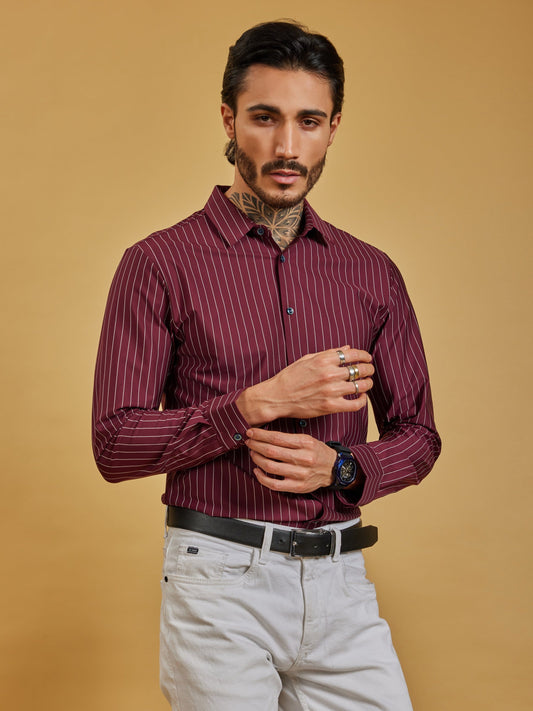 OTFIT Men’s Stitchless Full Sleeve Striped Shirt – Premium Nylon Fabric (Maroon)