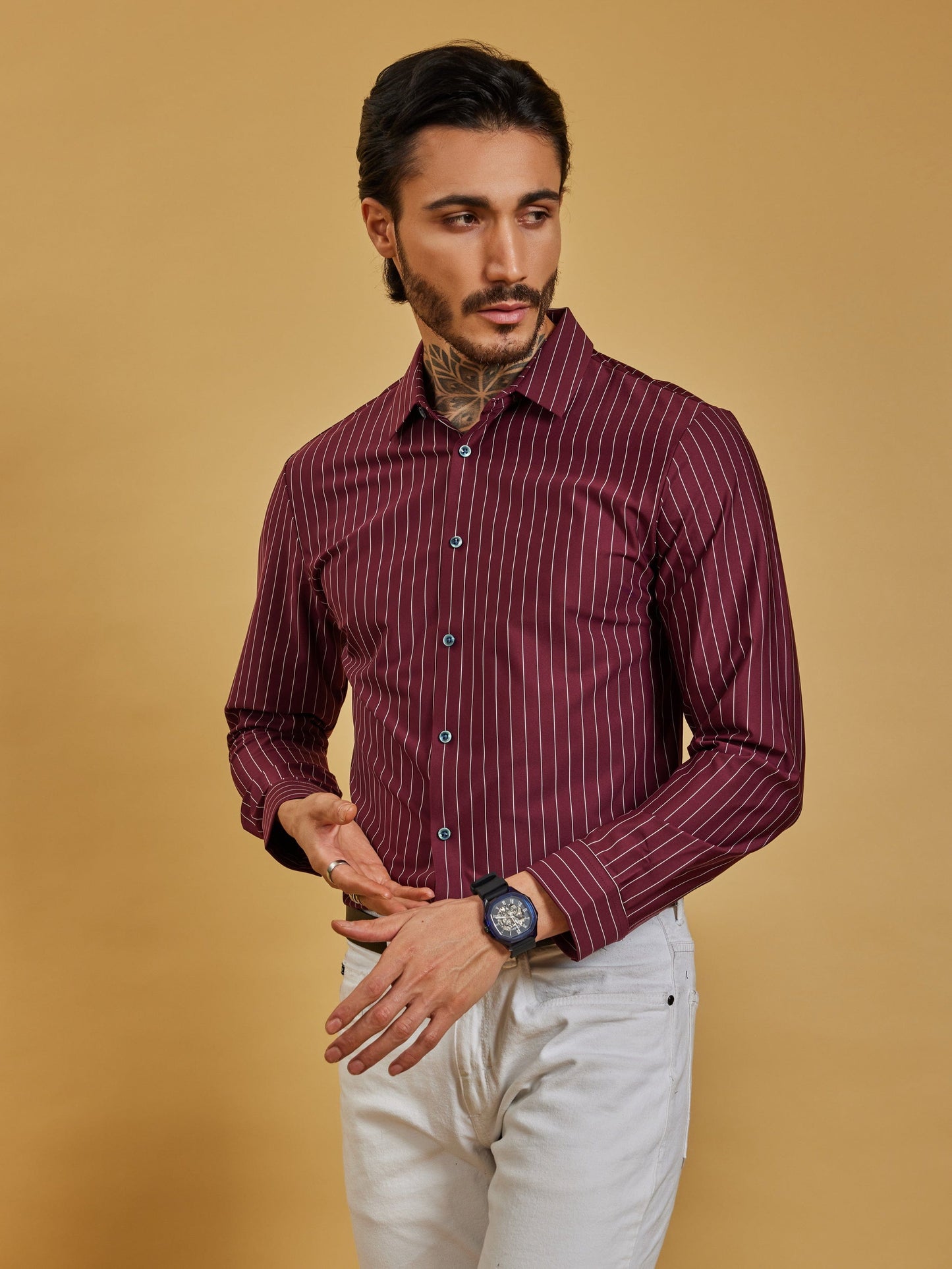 OTFIT Men’s Stitchless Full Sleeve Striped Shirt – Premium Nylon Fabric (Maroon)