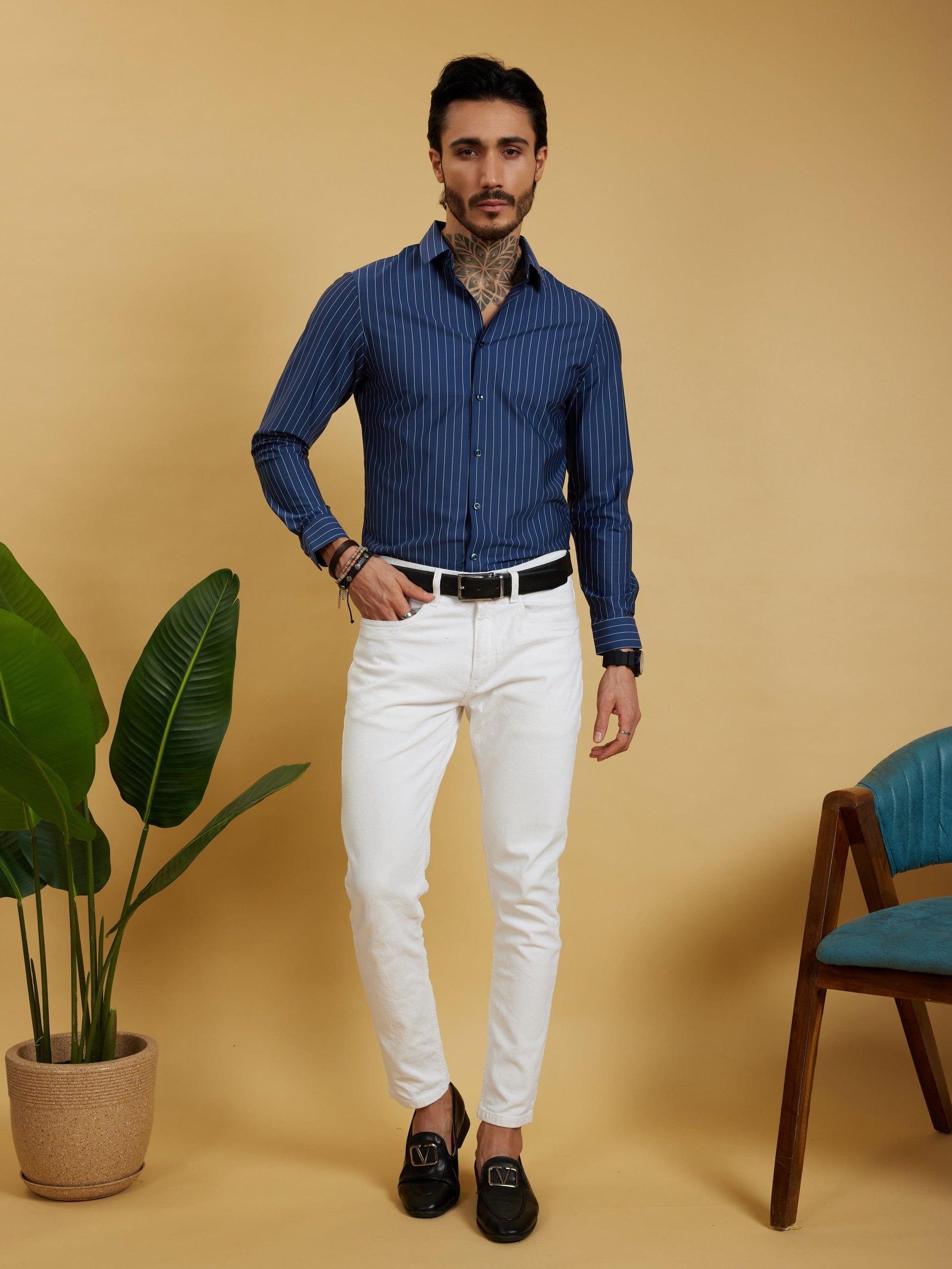 OTFIT Men’s Stitchless Full Sleeve Striped Shirt – Premium Nylon Fabric (Navy Blue)