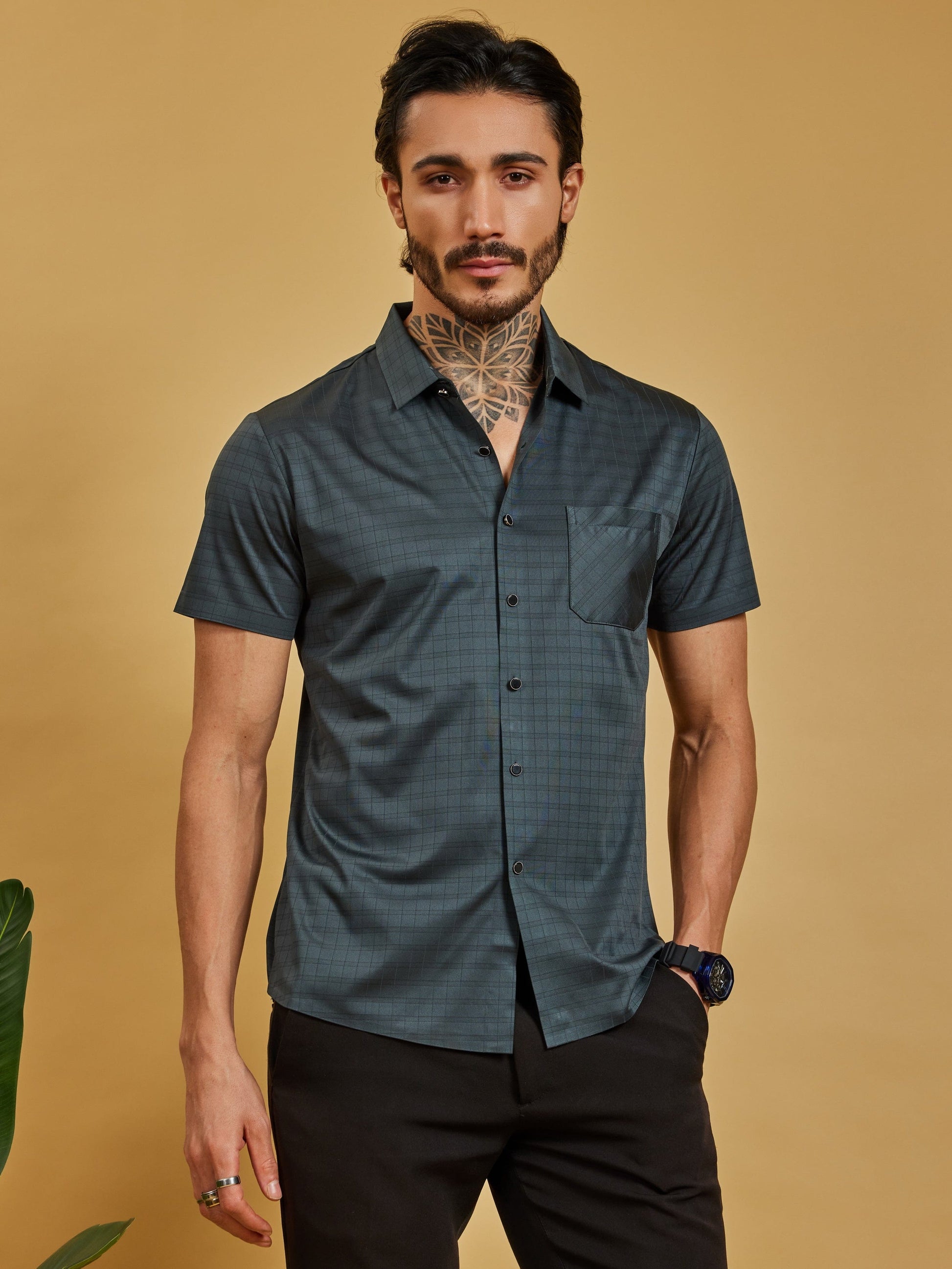 OTFIT Men’s Stitchless Half Sleeve Shirt – Deep Pine Green Box Checks with Pocket