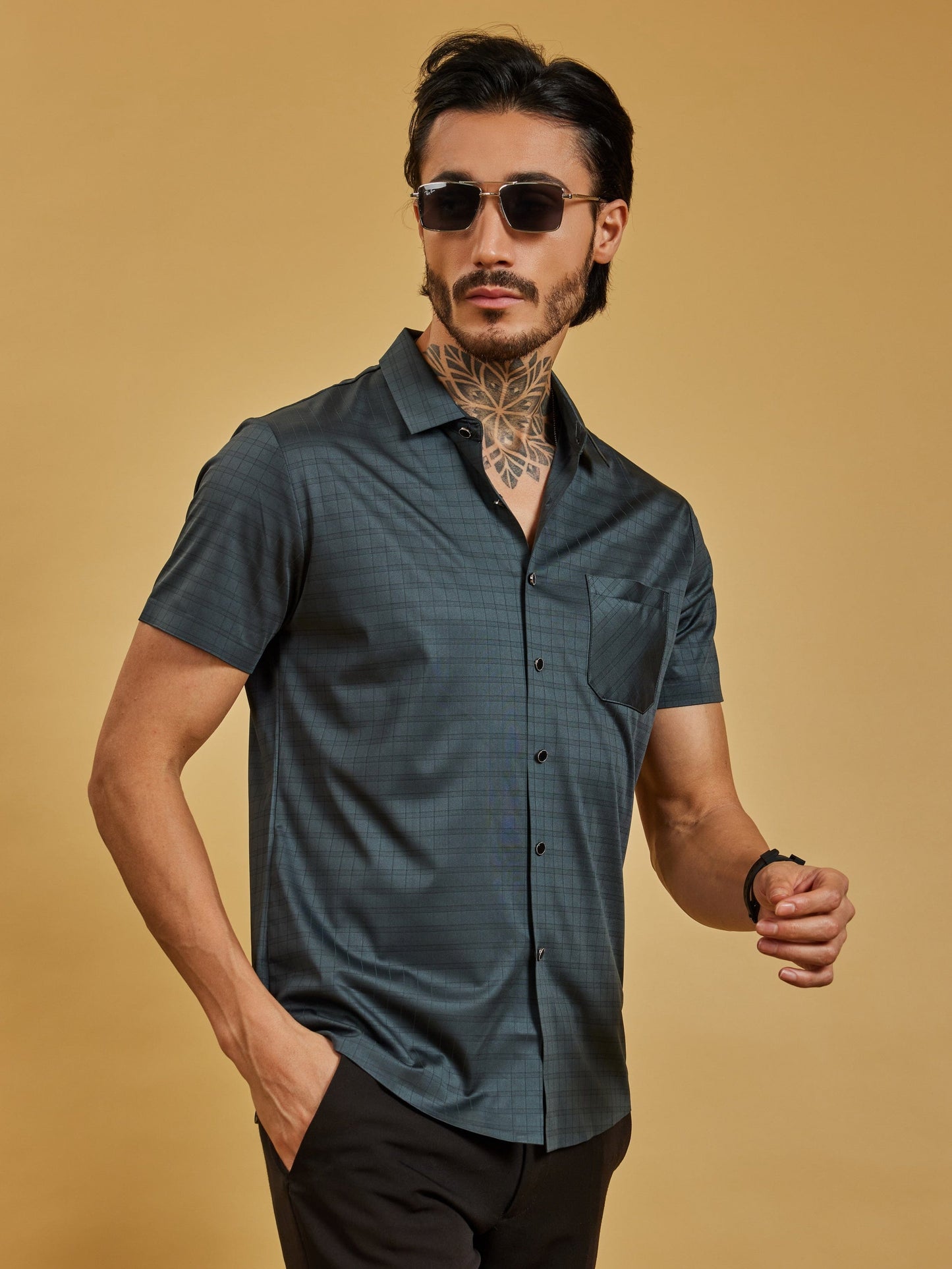 OTFIT Men’s Stitchless Half Sleeve Shirt – Deep Pine Green Box Checks with Pocket