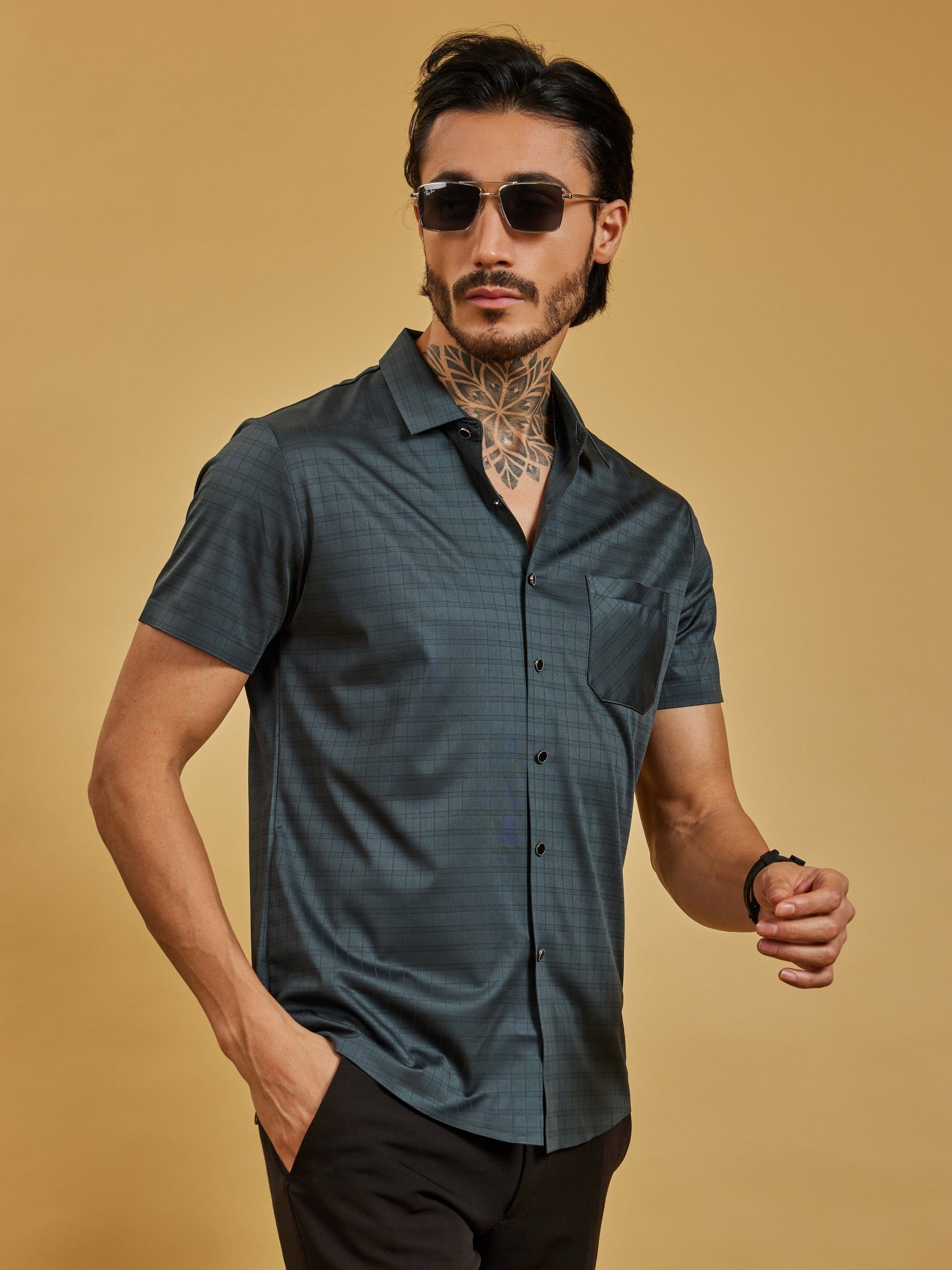 OTFIT Men’s Stitchless Half Sleeve Shirt – Deep Pine Green Box Checks with Pocket