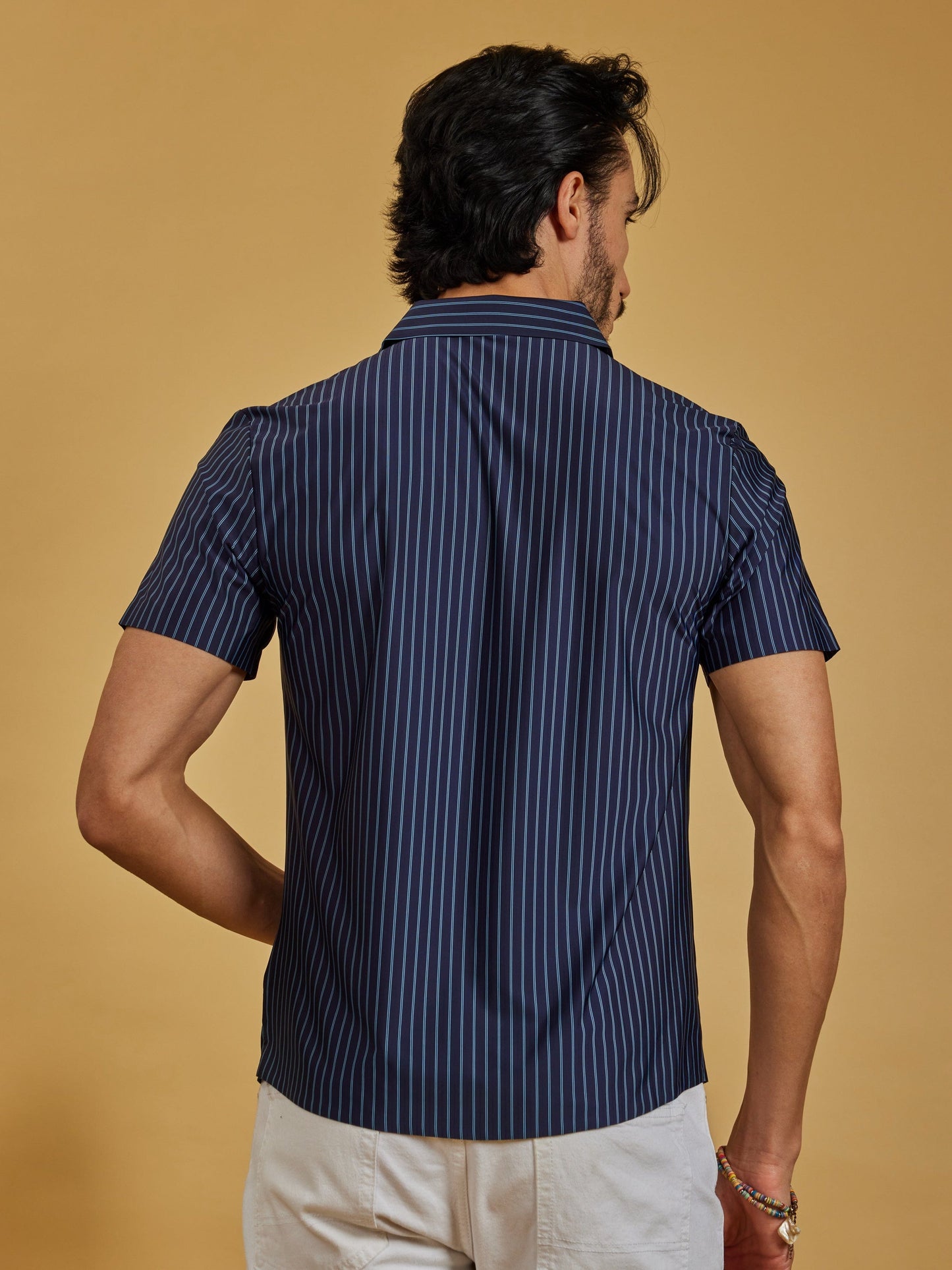 OTFIT Men’s Stitchless Half Sleeve Shirt Premium Nylon, Lightweight Comfort (Navy Blue Stripes)