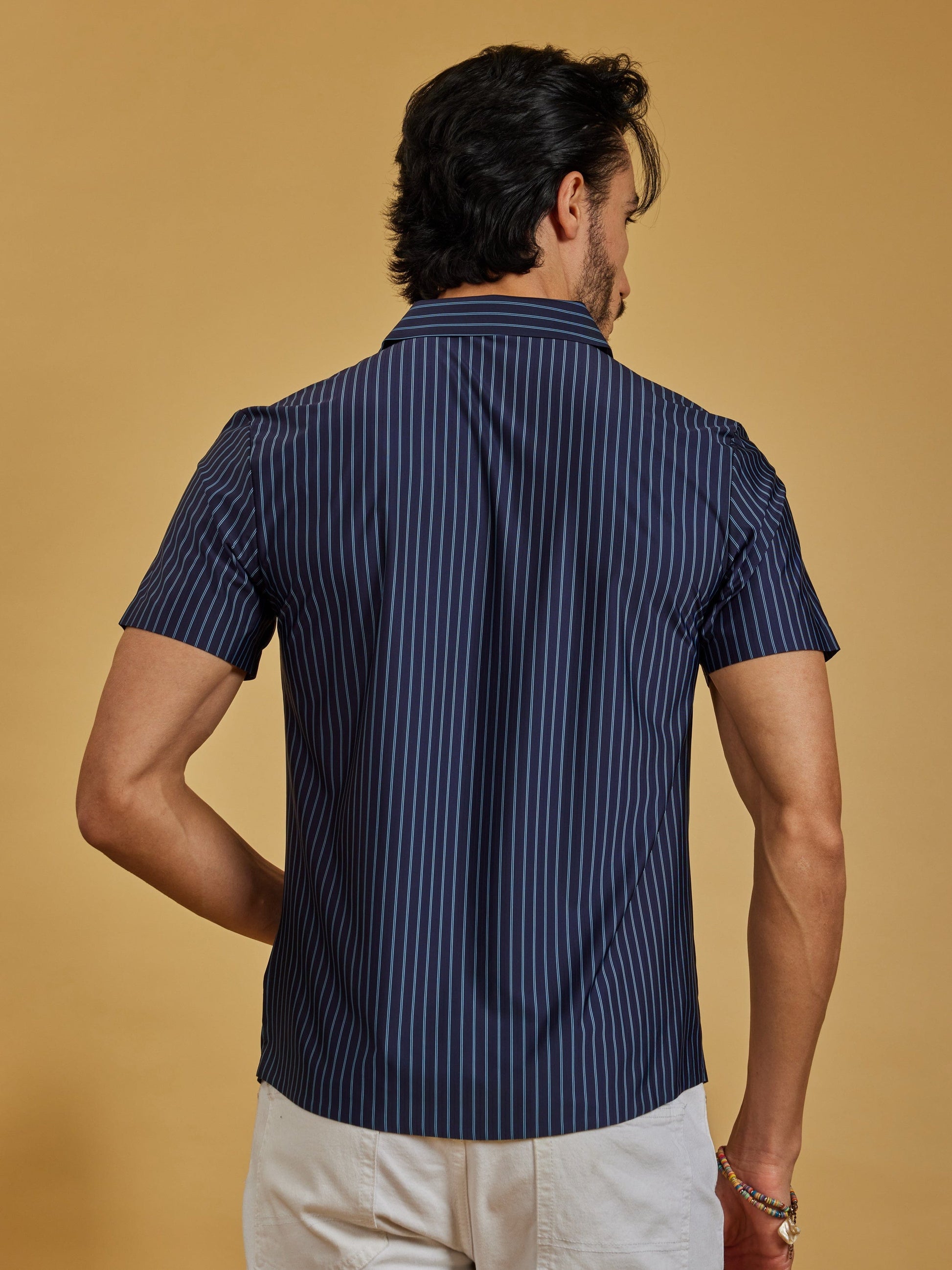 OTFIT Men’s Stitchless Half Sleeve Shirt Premium Nylon, Lightweight Comfort (Navy Blue Stripes)