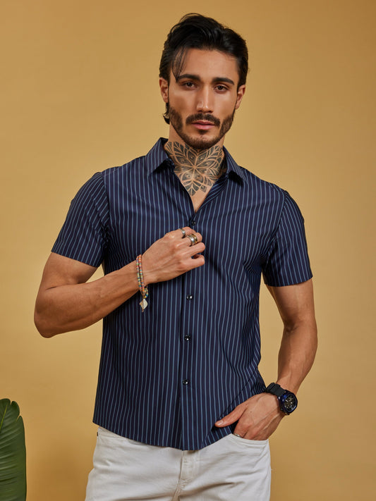 OTFIT Men’s Stitchless Half Sleeve Shirt Premium Nylon, Lightweight Comfort (Navy Blue Stripes)