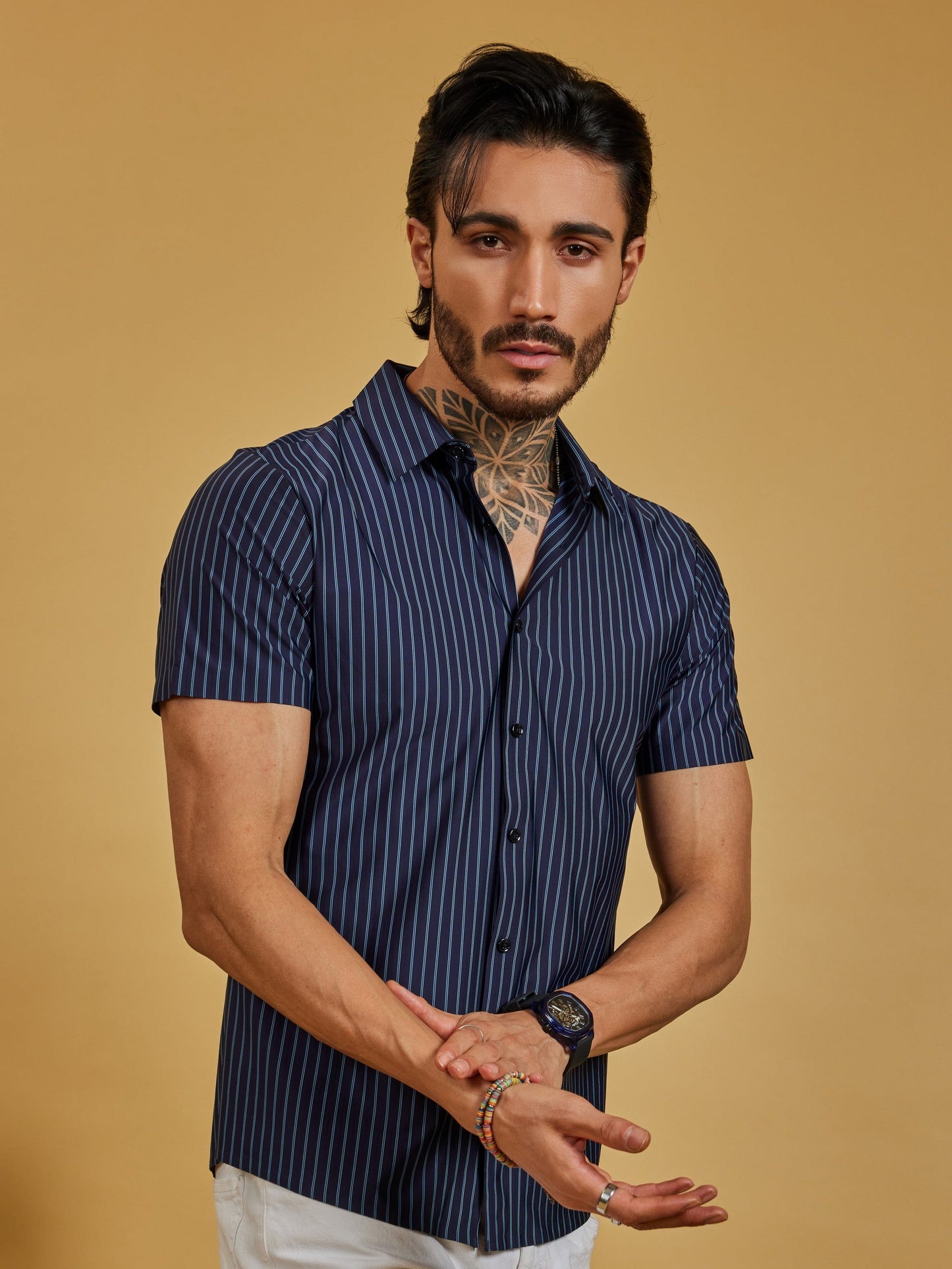 OTFIT Men’s Stitchless Half Sleeve Shirt Premium Nylon, Lightweight Comfort (Navy Blue Stripes)
