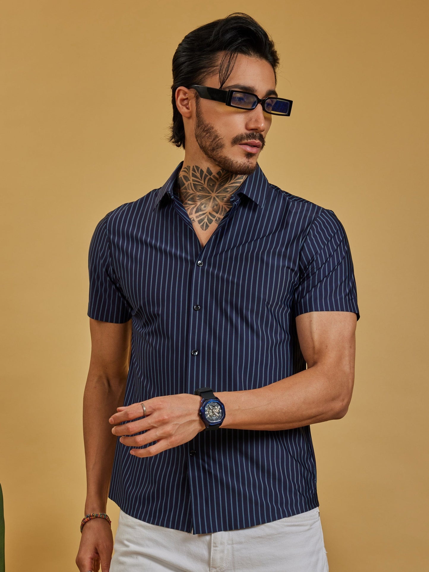 OTFIT Men’s Stitchless Half Sleeve Shirt Premium Nylon, Lightweight Comfort (Navy Blue Stripes)