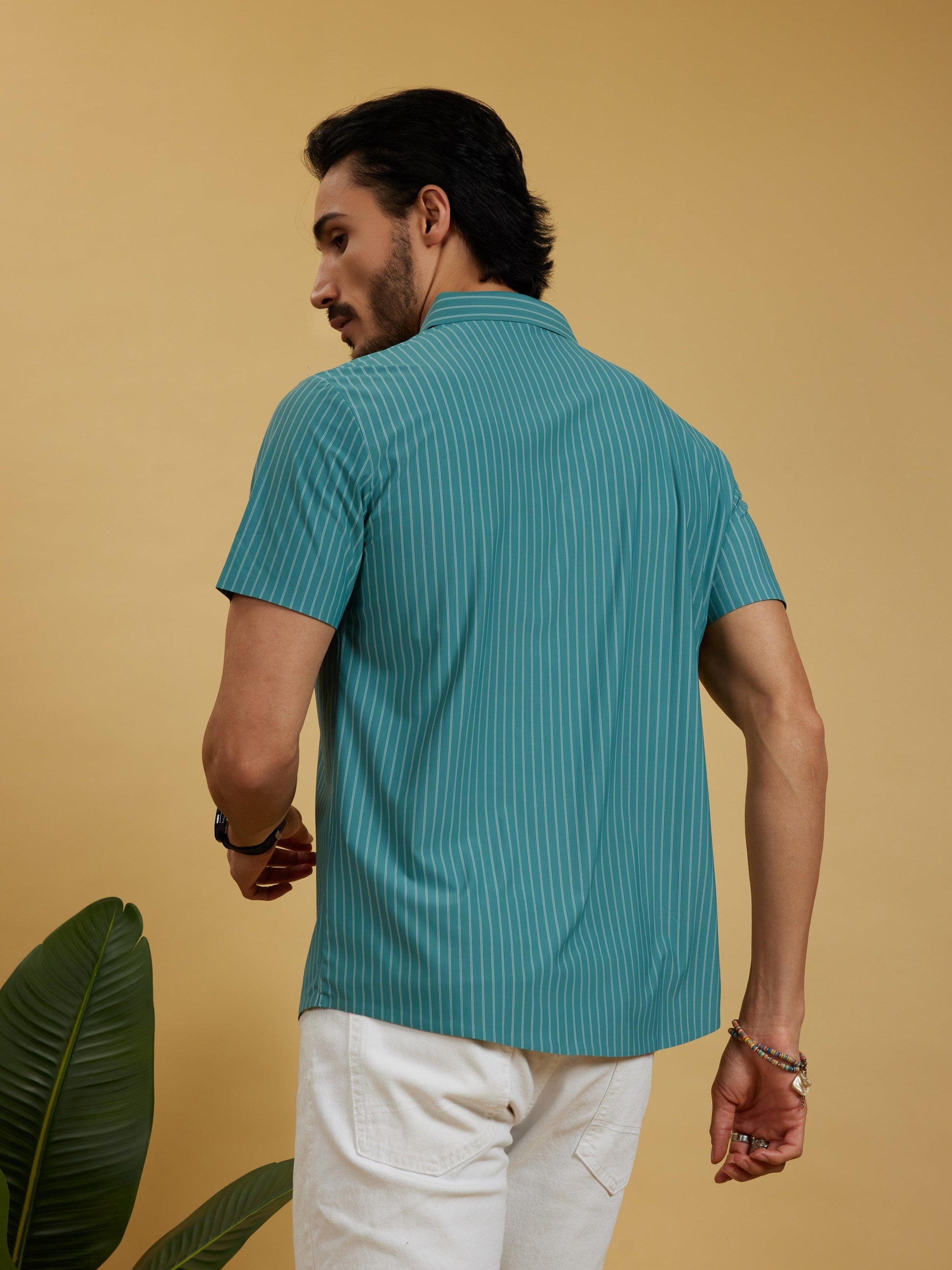 OTFIT Men’s Stitchless Half Sleeve Shirt Premium Nylon, Lightweight (Sea Green Stripes)