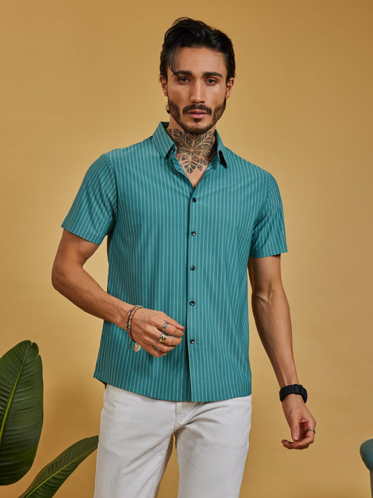 OTFIT Men’s Stitchless Half Sleeve Shirt Premium Nylon, Lightweight (Sea Green Stripes)