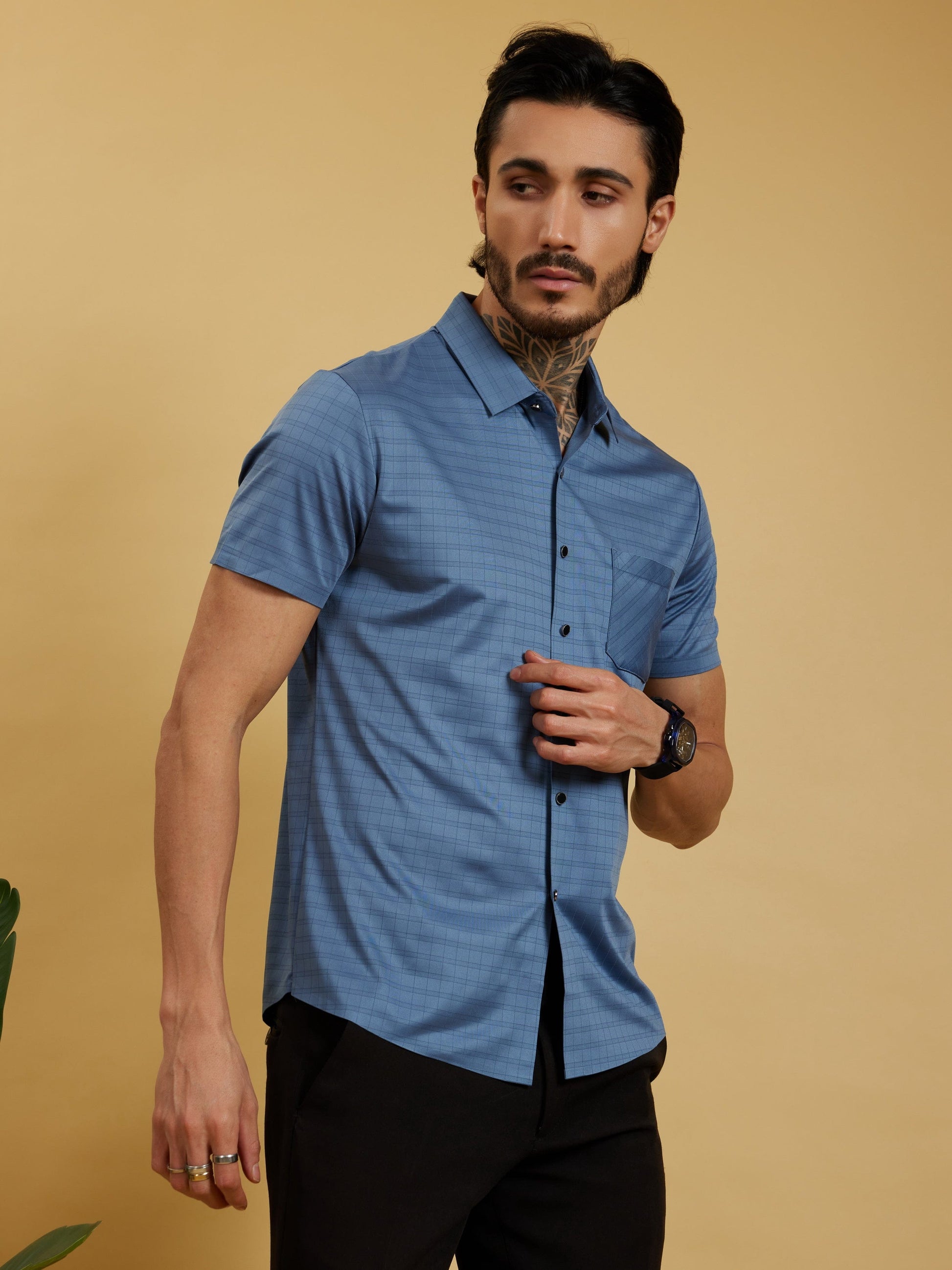 OTFIT Men’s Stitchless Half Sleeve Shirt Sky Blue Box Checks with Pocket
