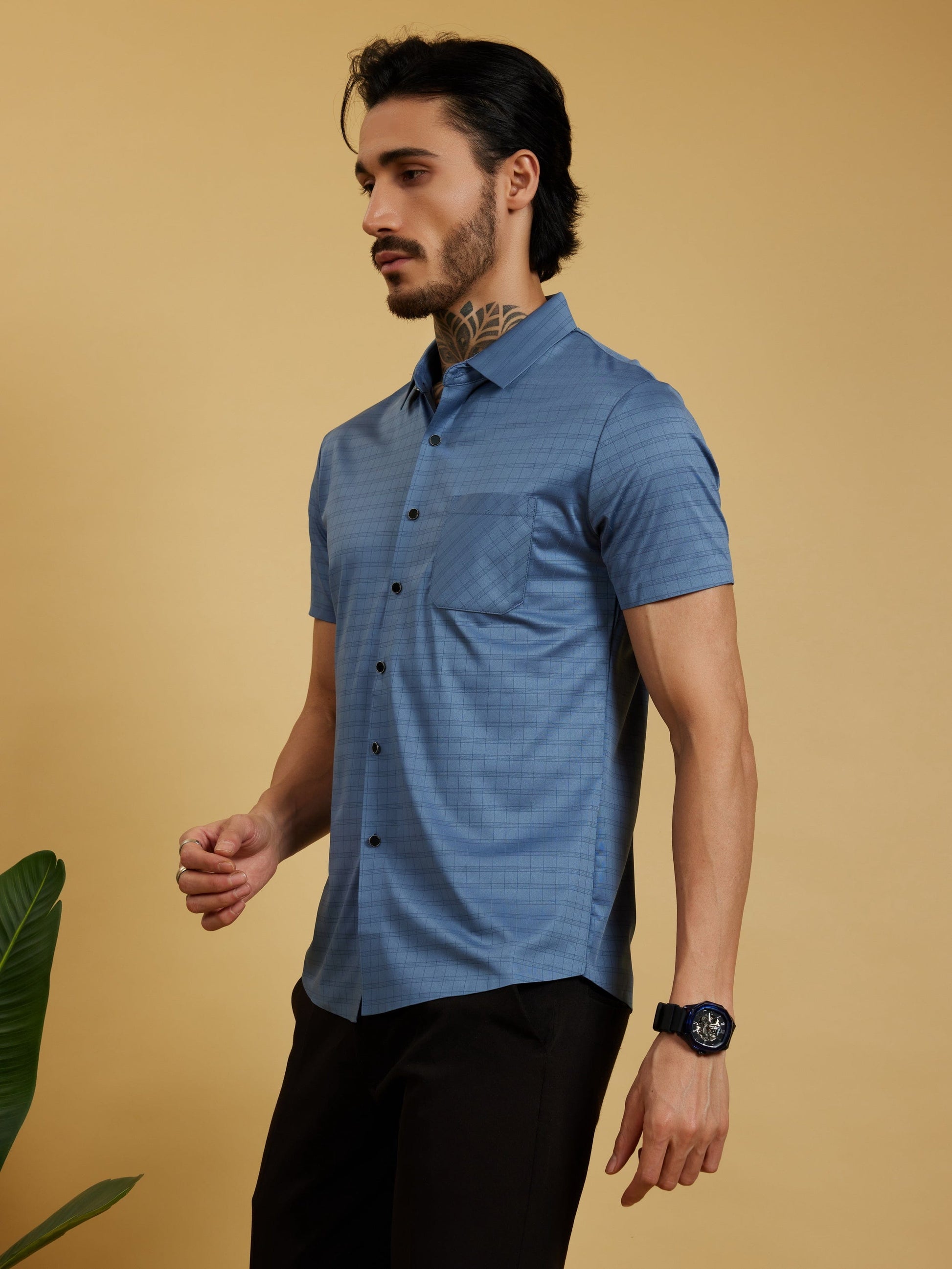 OTFIT Men’s Stitchless Half Sleeve Shirt Sky Blue Box Checks with Pocket