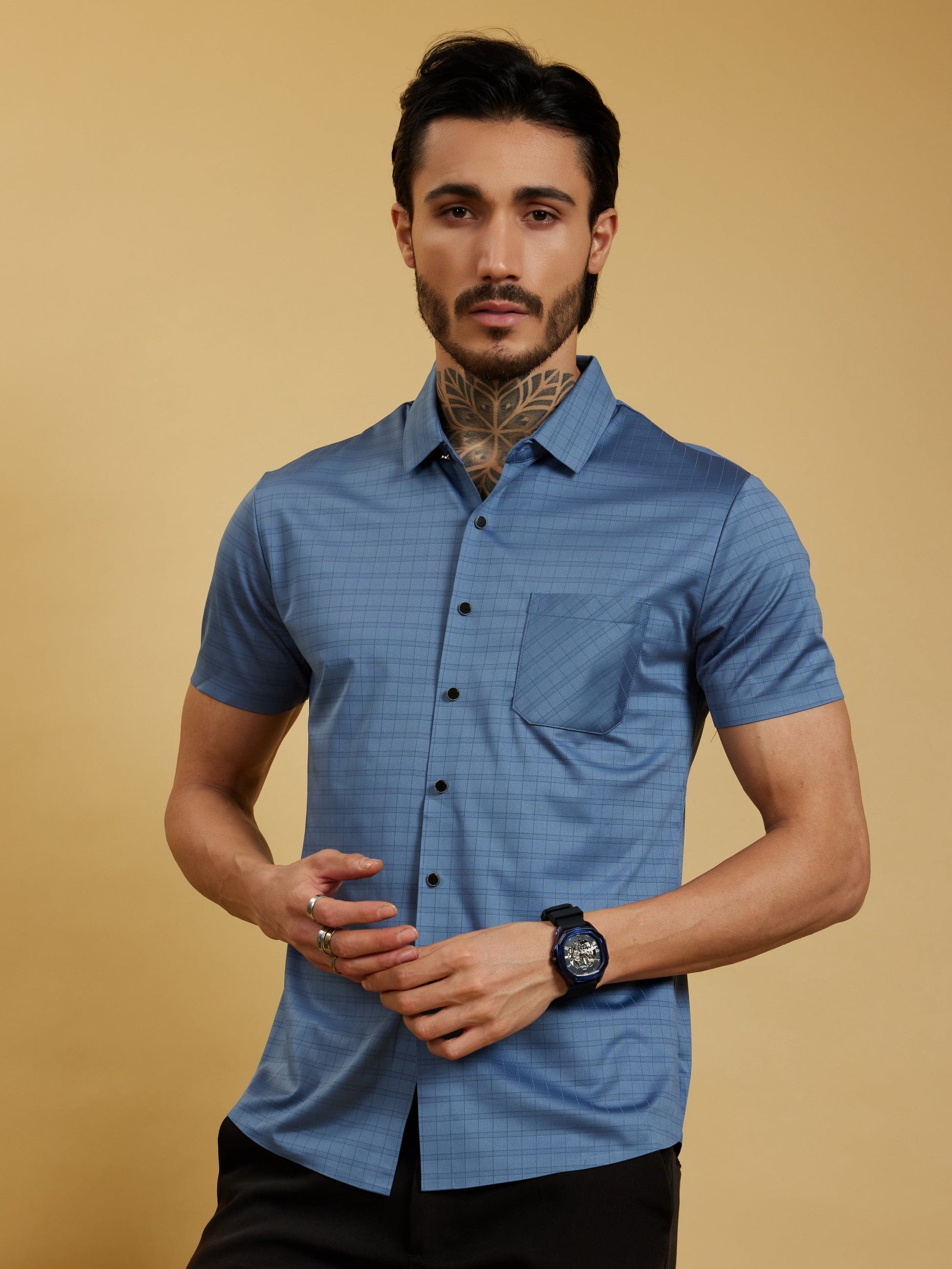 OTFIT Men’s Stitchless Half Sleeve Shirt Sky Blue Box Checks with Pocket