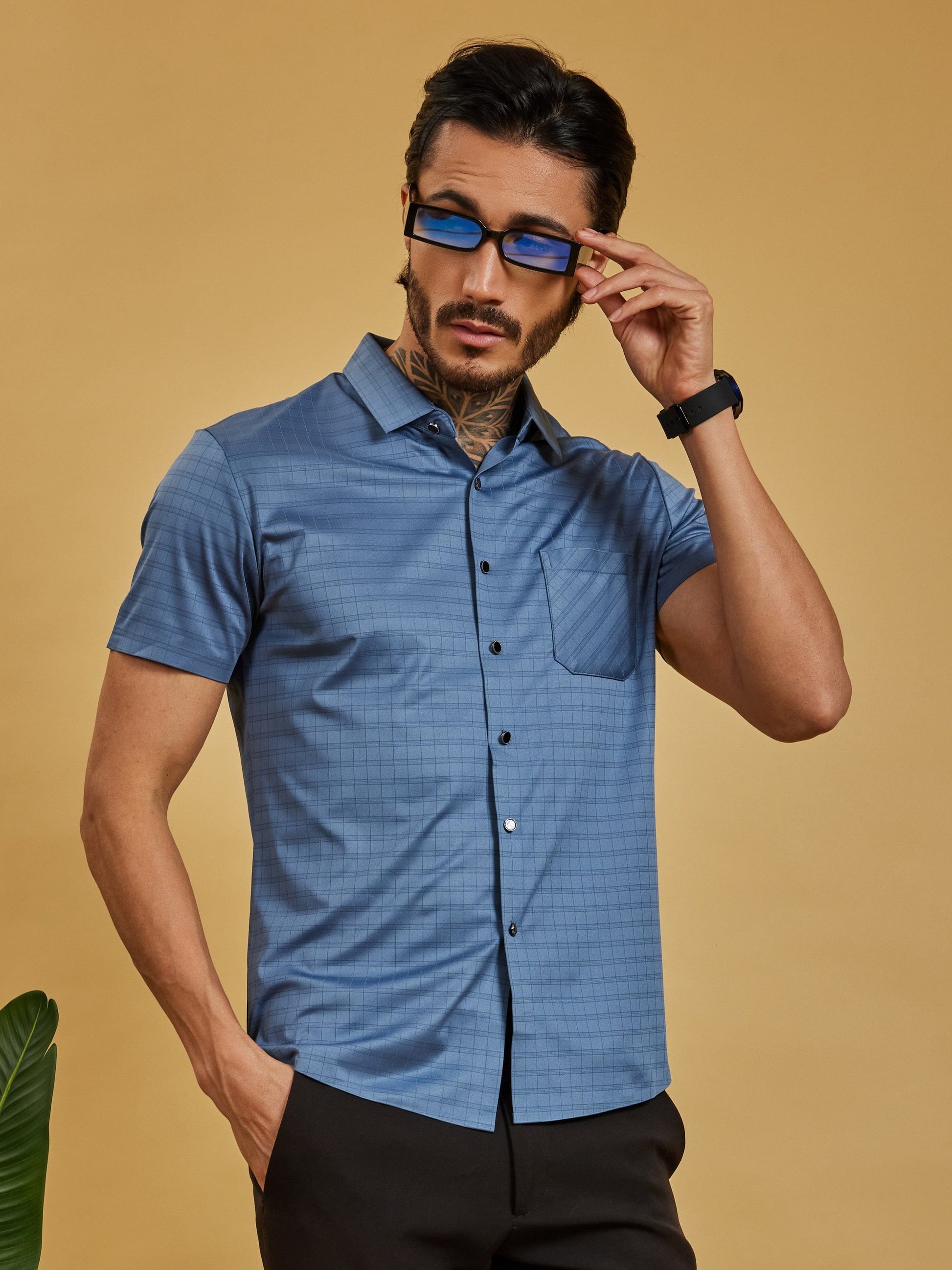 OTFIT Men’s Stitchless Half Sleeve Shirt Sky Blue Box Checks with Pocket