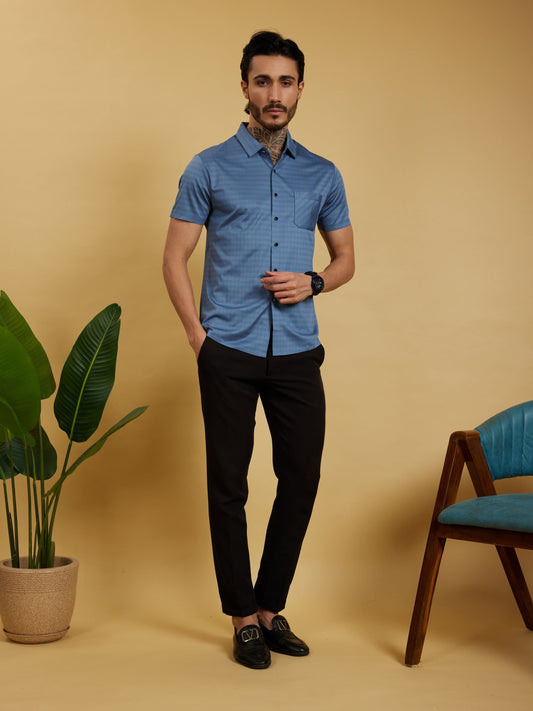 OTFIT Men’s Stitchless Half Sleeve Shirt Sky Blue Box Checks with Pocket