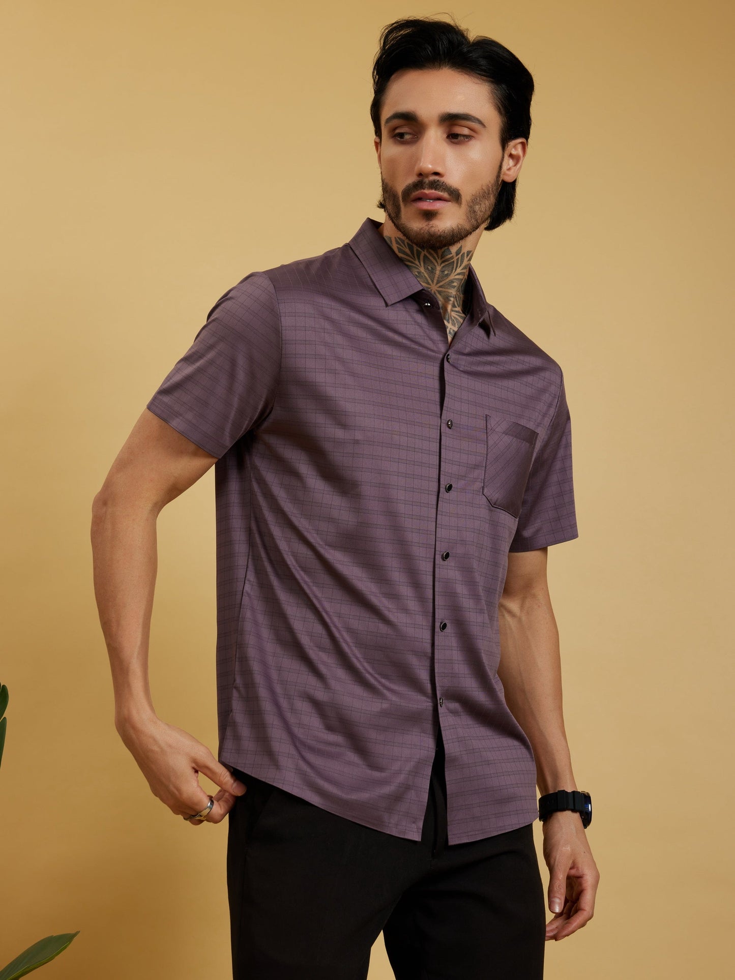 OTFIT Men’s Stitchless Half Sleeve Shirt – Smoky Mauve Box Checks with Pocket