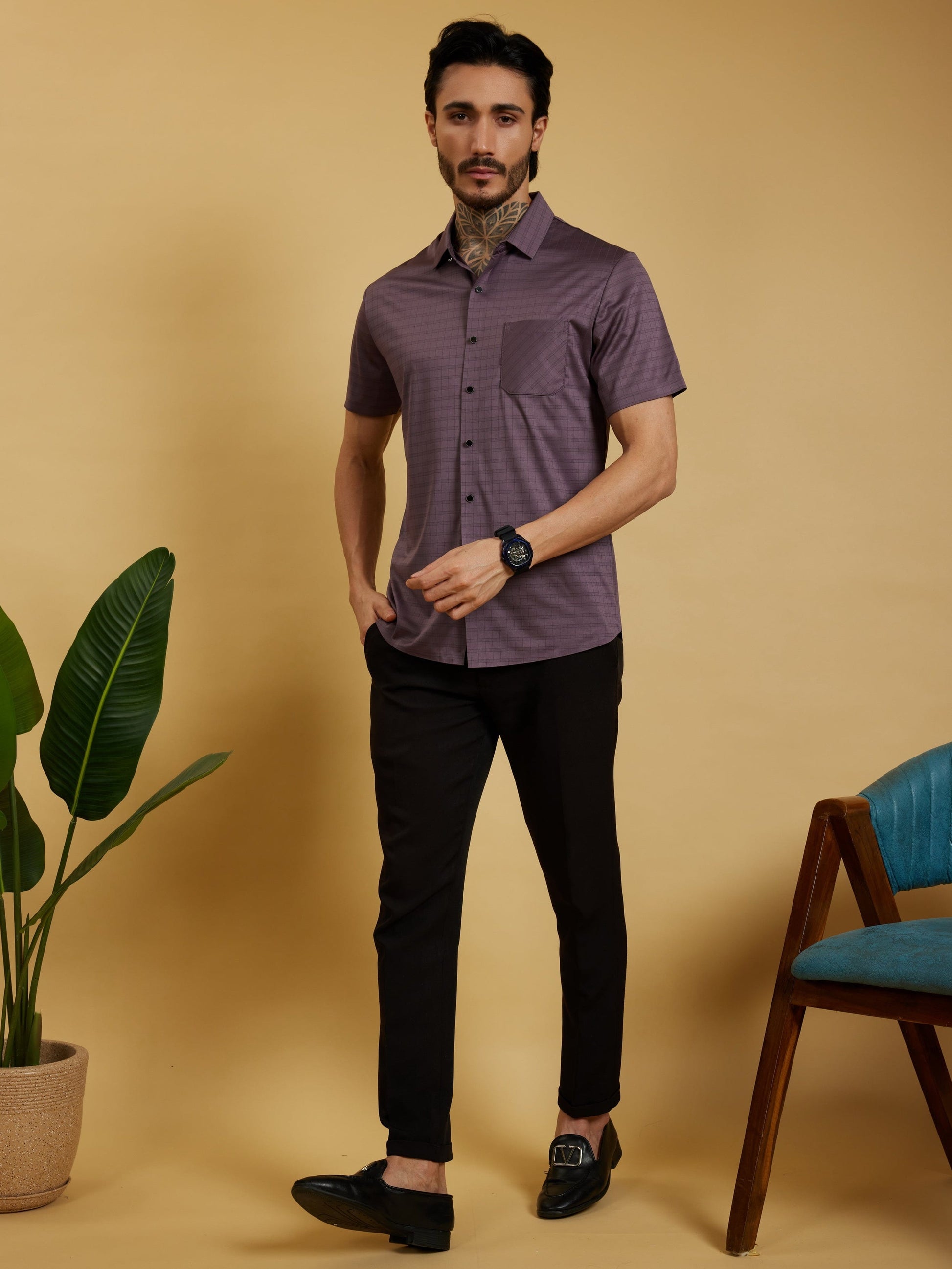 OTFIT Men’s Stitchless Half Sleeve Shirt – Smoky Mauve Box Checks with Pocket