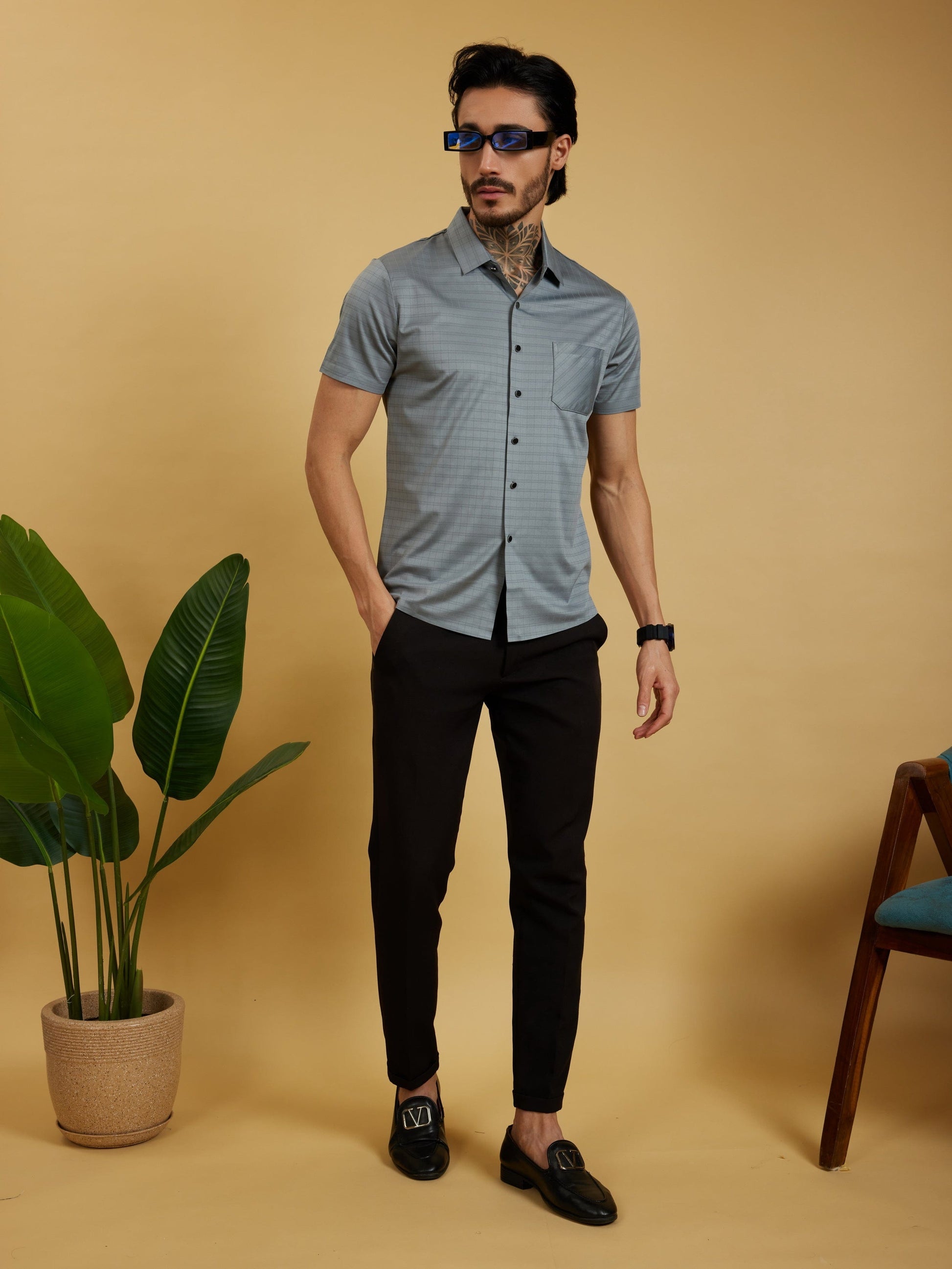 OTFIT Men’s Stitchless Half Sleeve Shirt Steel Grey Box Checks with Pocket
