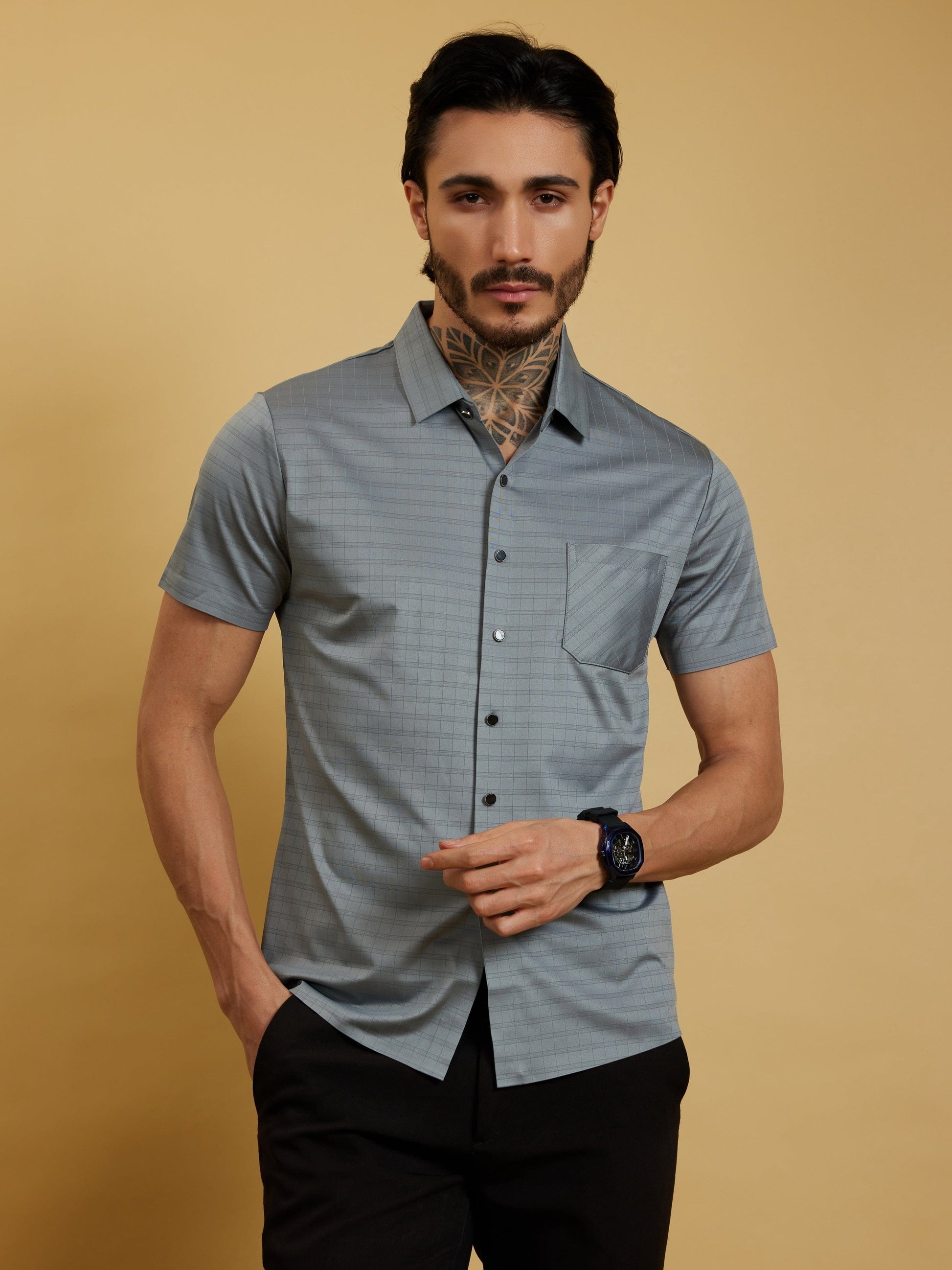 OTFIT Men’s Stitchless Half Sleeve Shirt Steel Grey Box Checks with Pocket