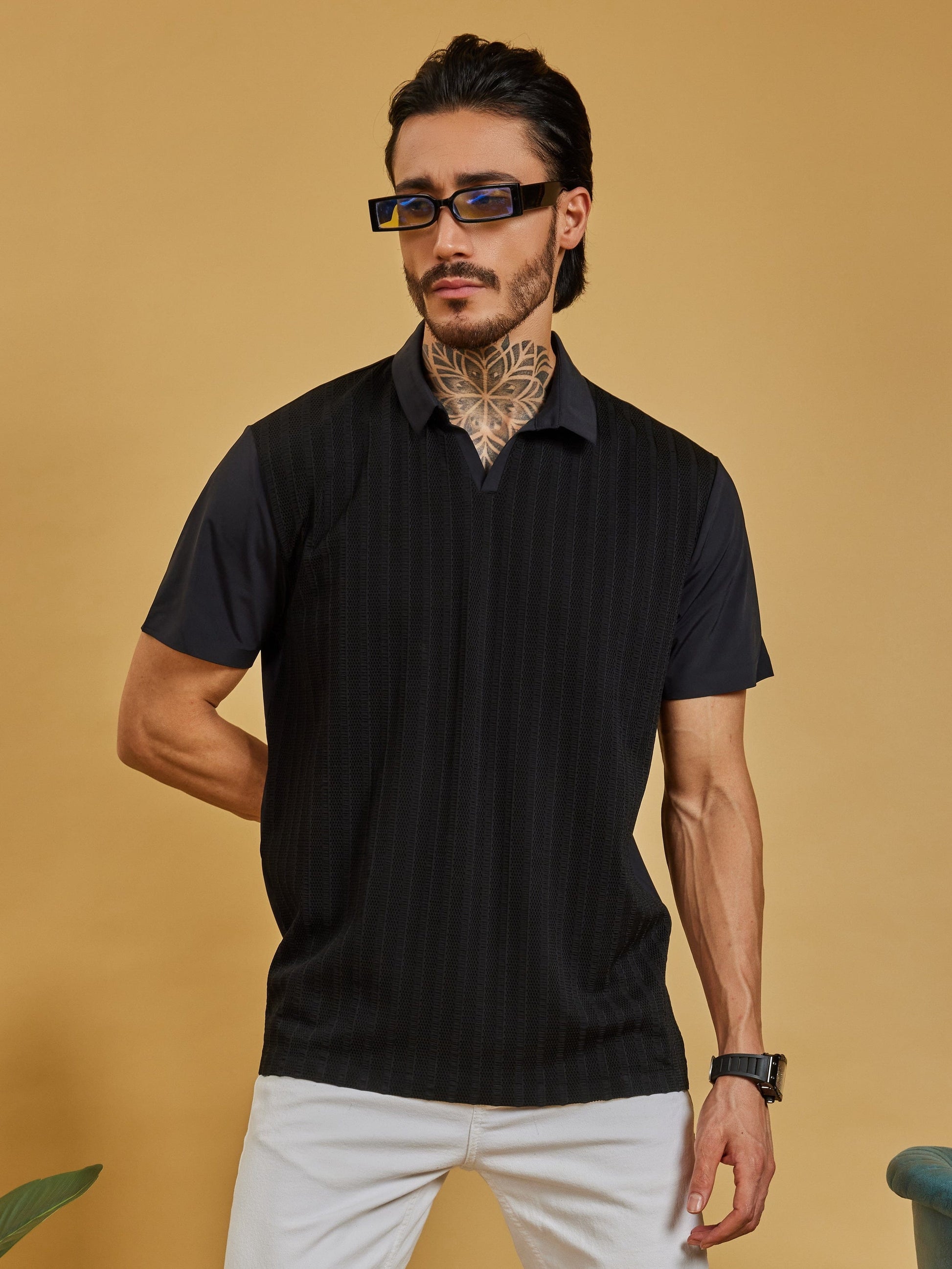 OTFIT T-Shirt Men’s Black Polo T-Shirt – Premium Nylon with Mesh Vertical Texture Limited Edition