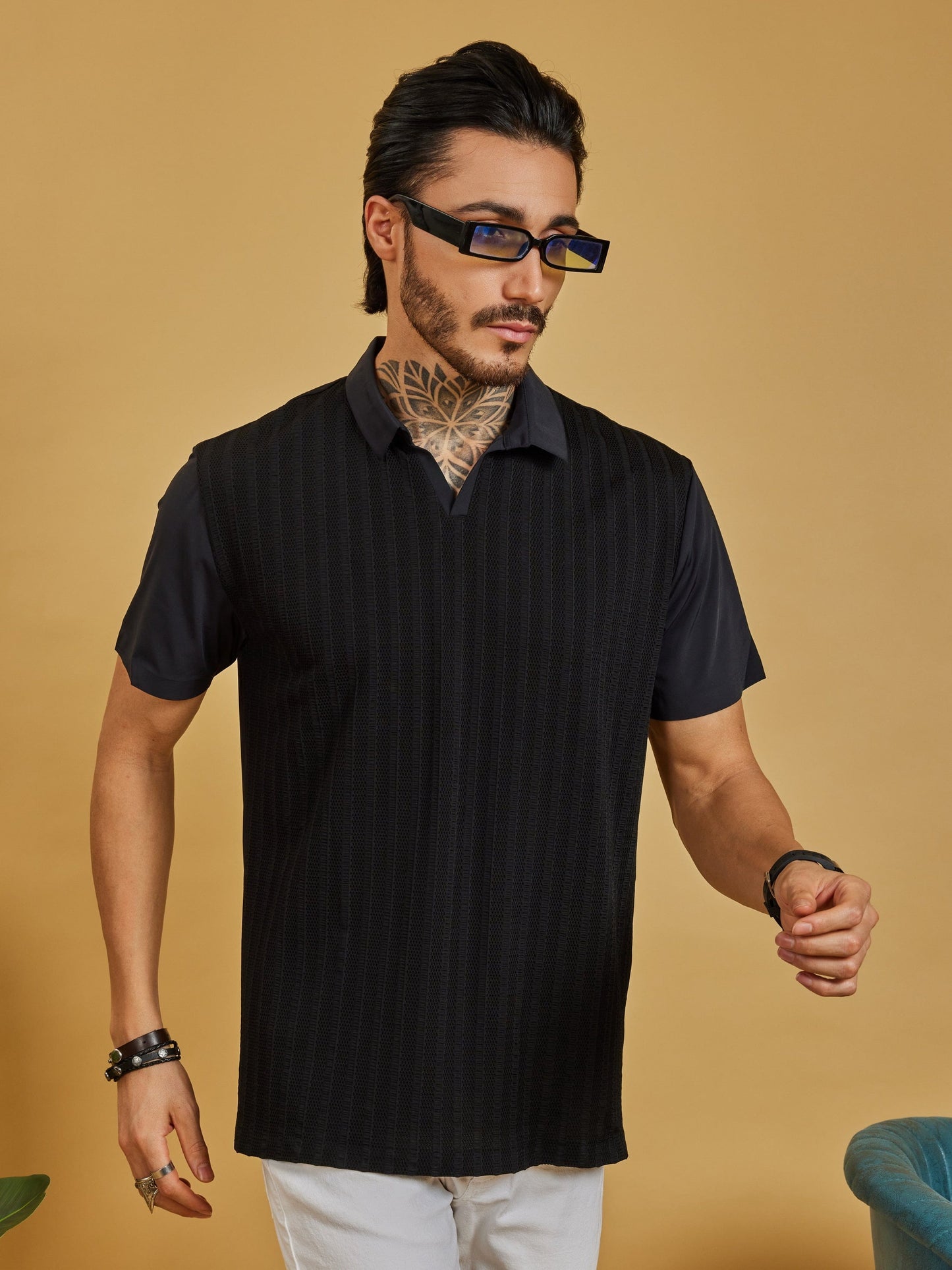 OTFIT T-Shirt Men’s Black Polo T-Shirt – Premium Nylon with Mesh Vertical Texture Limited Edition