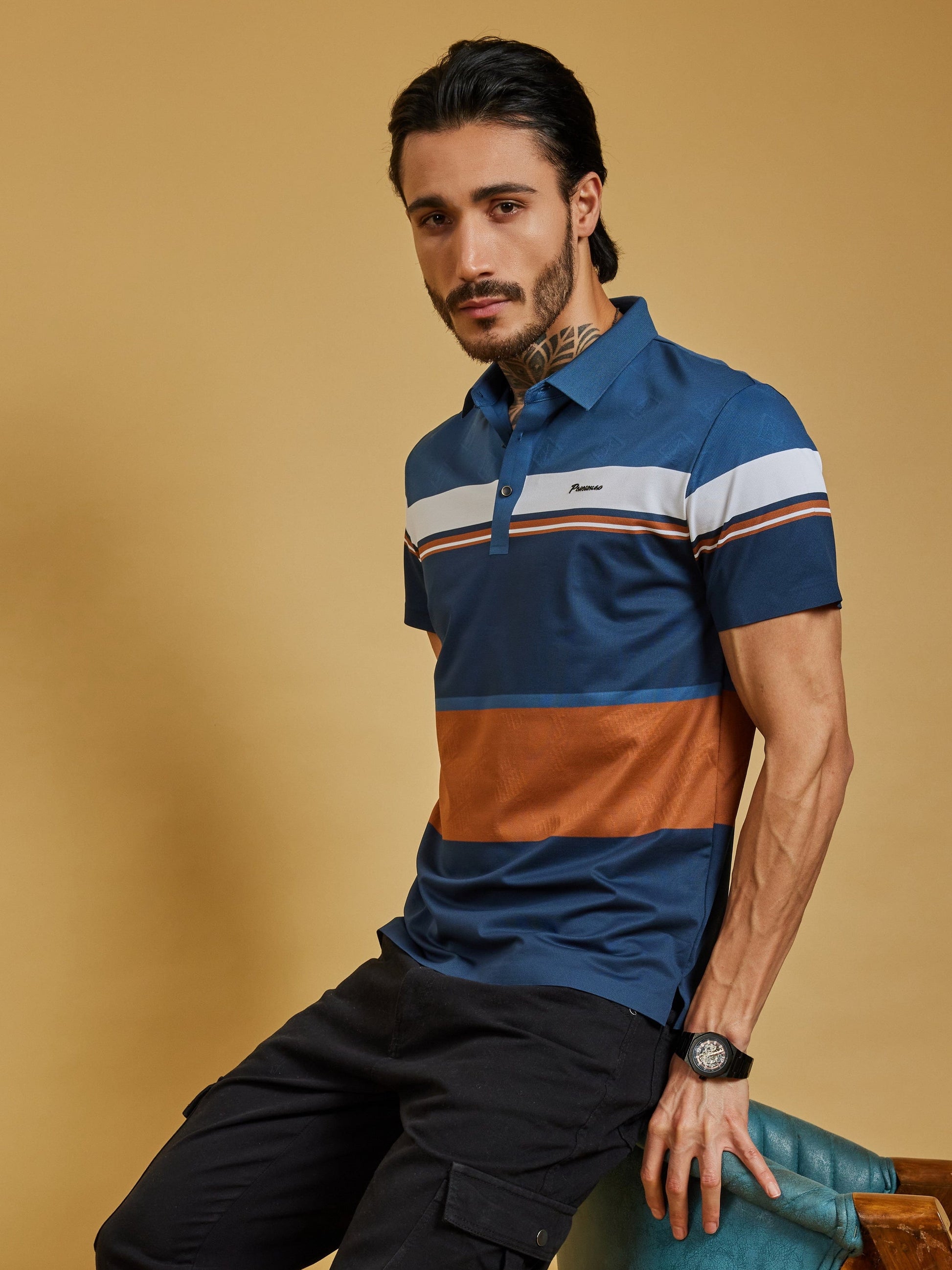 OTFIT T-Shirt Men’s Color Block Polo T-Shirt – Navy, Rust & White Stripe, Lightweight Nylon, Sport Casual Fit