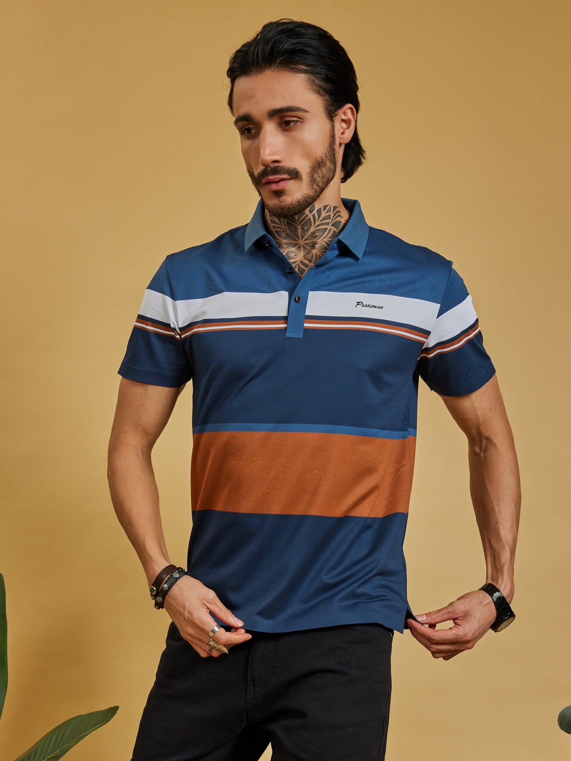 OTFIT T-Shirt Men’s Color Block Polo T-Shirt – Navy, Rust & White Stripe, Lightweight Nylon, Sport Casual Fit