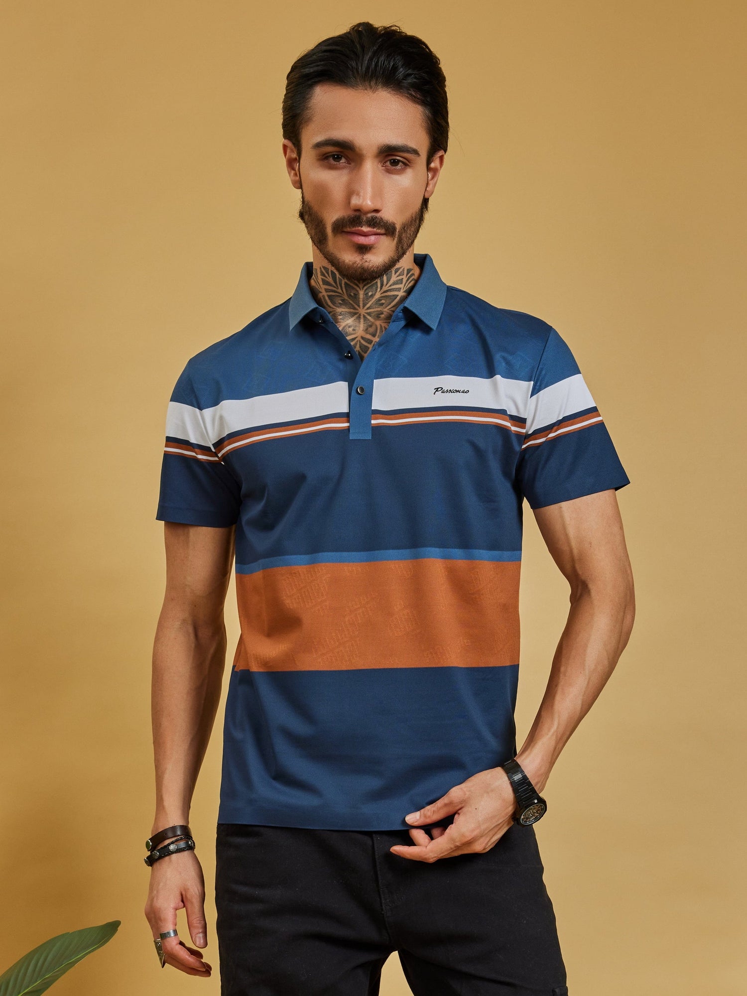 OTFIT T-Shirt Men’s Color Block Polo T-Shirt – Navy, Rust & White Stripe, Lightweight Nylon, Sport Casual Fit