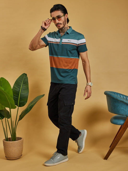 OTFIT T-Shirt Men’s Color Block Polo T-Shirt – Teal, Rust & White, Lightweight Nylon, Casual Sport Fit