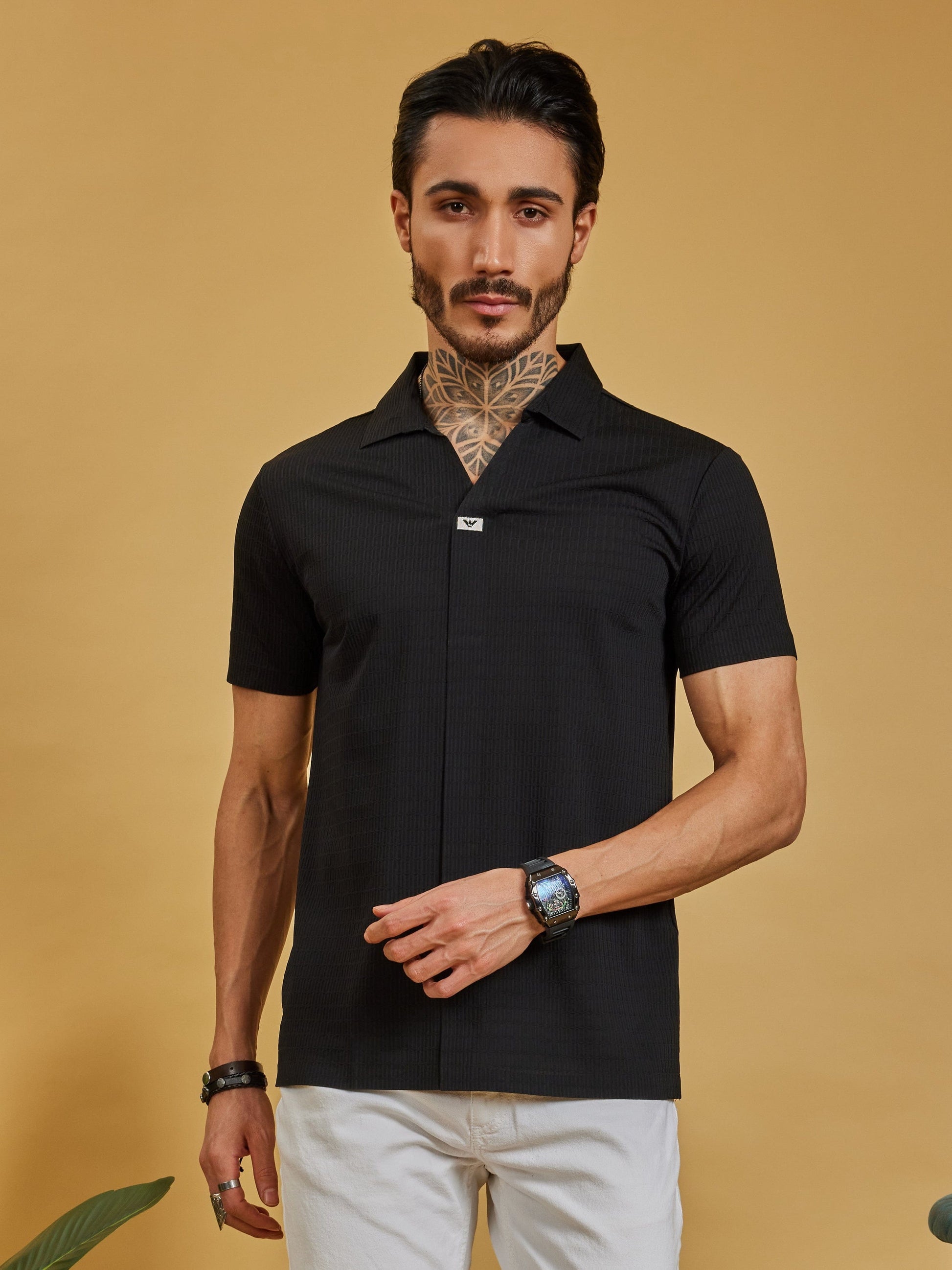 OTFIT T-Shirt Men’s Jet Black  Resort Polo T-Shirt - Popcorn Knit & Net Panel, Lightweight & Breathable
