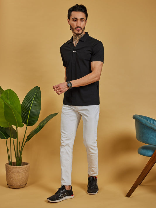 OTFIT T-Shirt Men’s Jet Black  Resort Polo T-Shirt - Popcorn Knit & Net Panel, Lightweight & Breathable