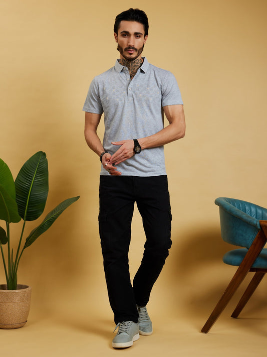 OTFIT T-Shirt Men’s Lightweight Cotton Polo T-Shirt – Sky Grey with Chest Letter Detailing