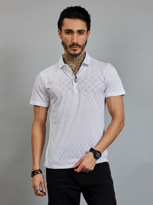 OTFIT T-Shirt Men’s Lightweight Cotton Polo T-Shirt – White Textured Edition with Chest Letter Detailing