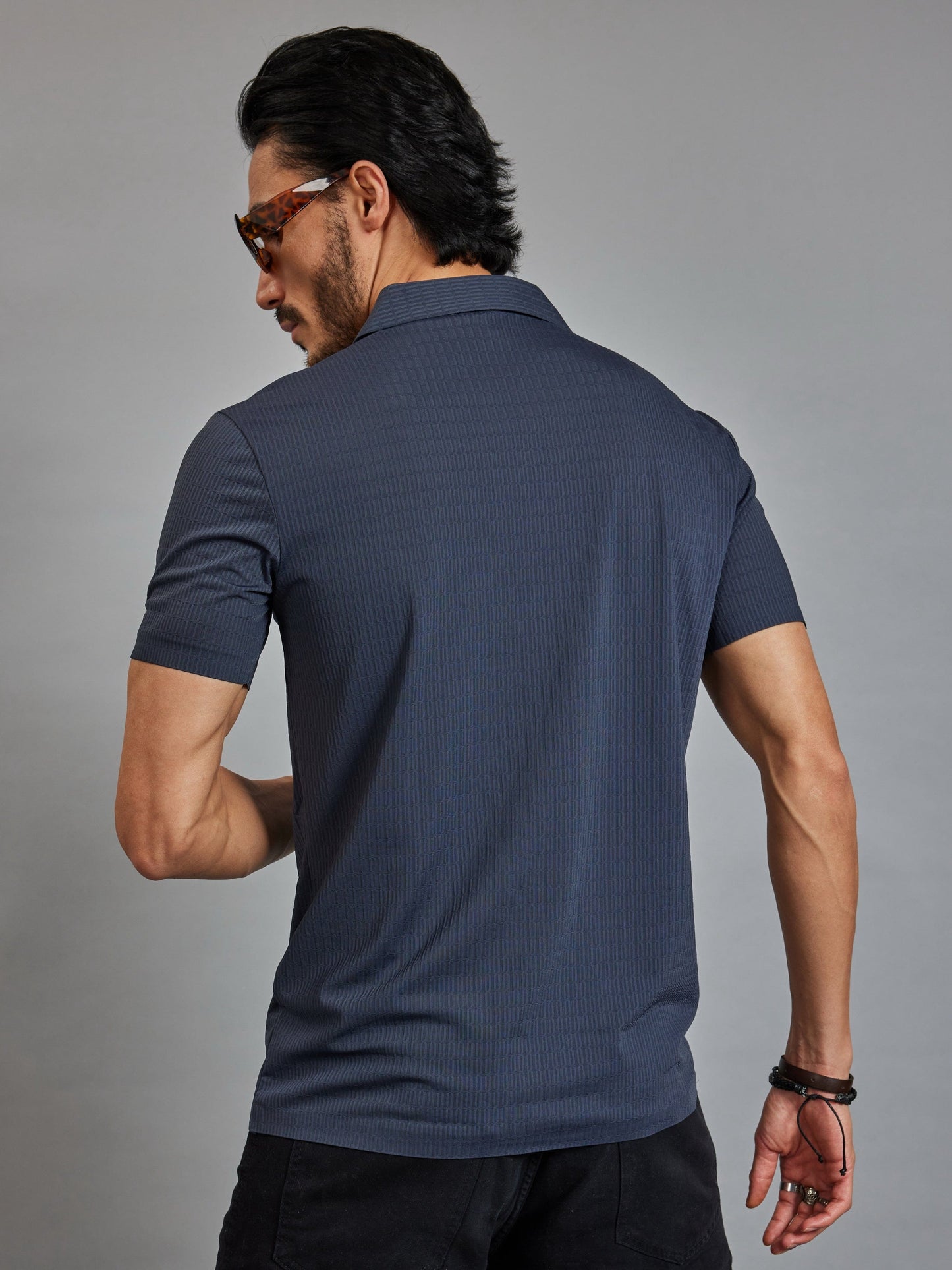 OTFIT T-Shirt Men’s Navy Resort Polo T-Shirt - Popcorn Knit & Net Panel, Lightweight & Breathable