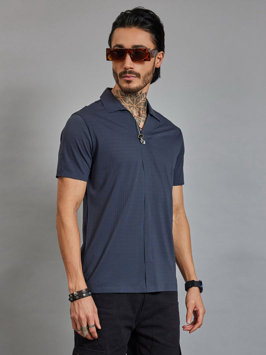 OTFIT T-Shirt Men’s Navy Resort Polo T-Shirt - Popcorn Knit & Net Panel, Lightweight & Breathable
