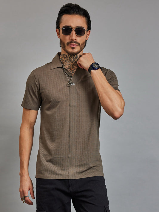 OTFIT T-Shirt Men’s Olive Brown Resort Polo T-Shirt - Popcorn Knit & Net Panel, Lightweight & Breathable