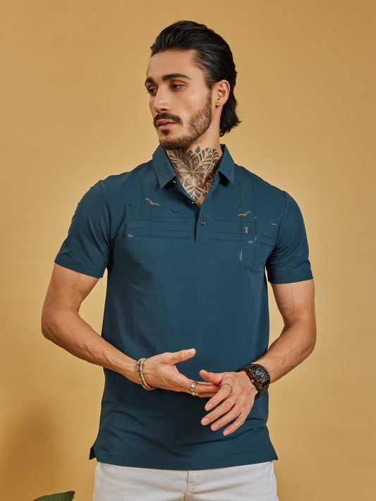 OTFIT T-Shirt Men’s Premium Stitchless Polo T-Shirt – Deep Teal Green Hotfix Chest Design Nylon Fabric