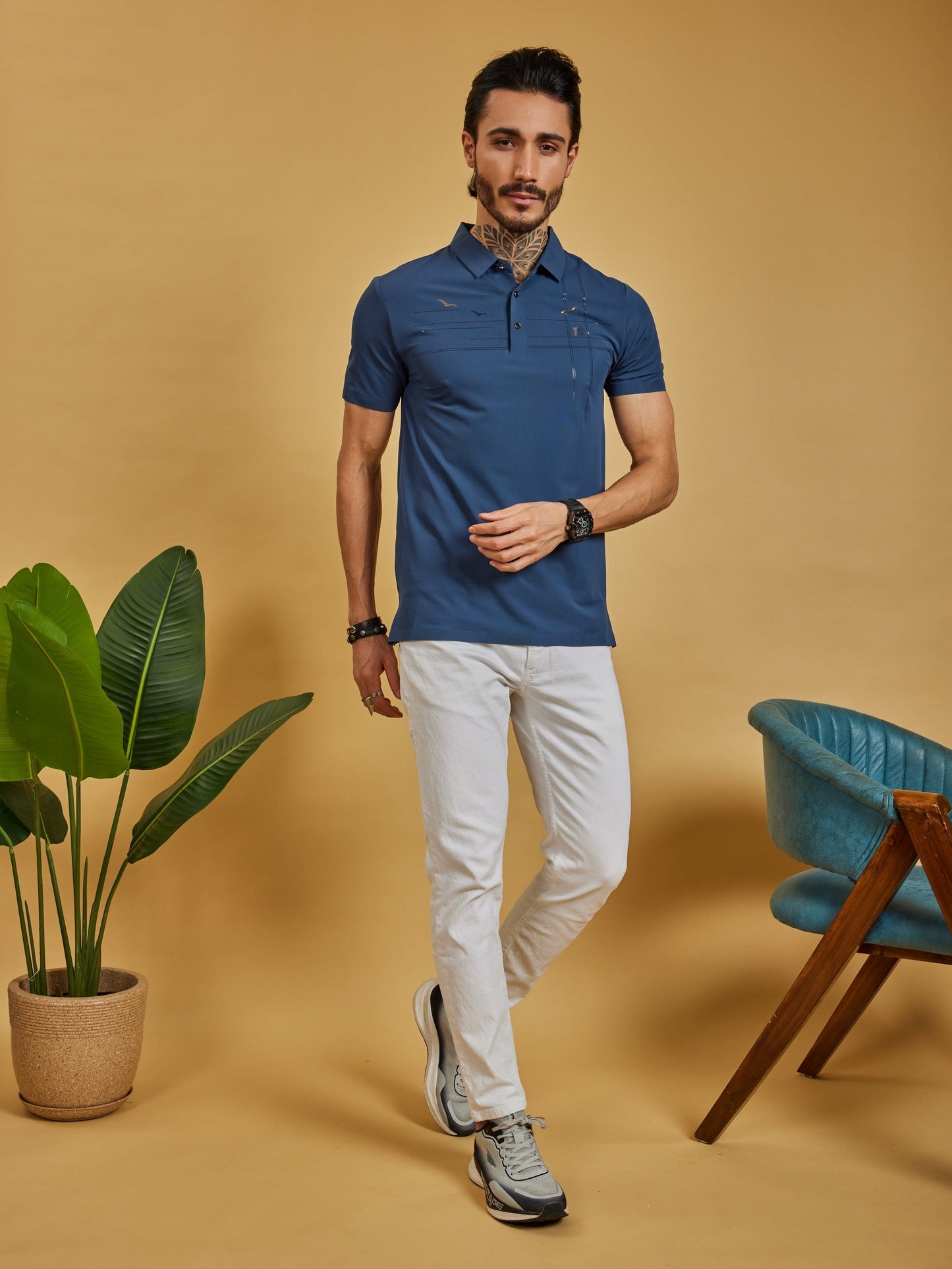 OTFIT T-Shirt Men’s Premium Stitchless Polo T-Shirt Midnight Blue with Hotfix Chest Design Nylon Fabric